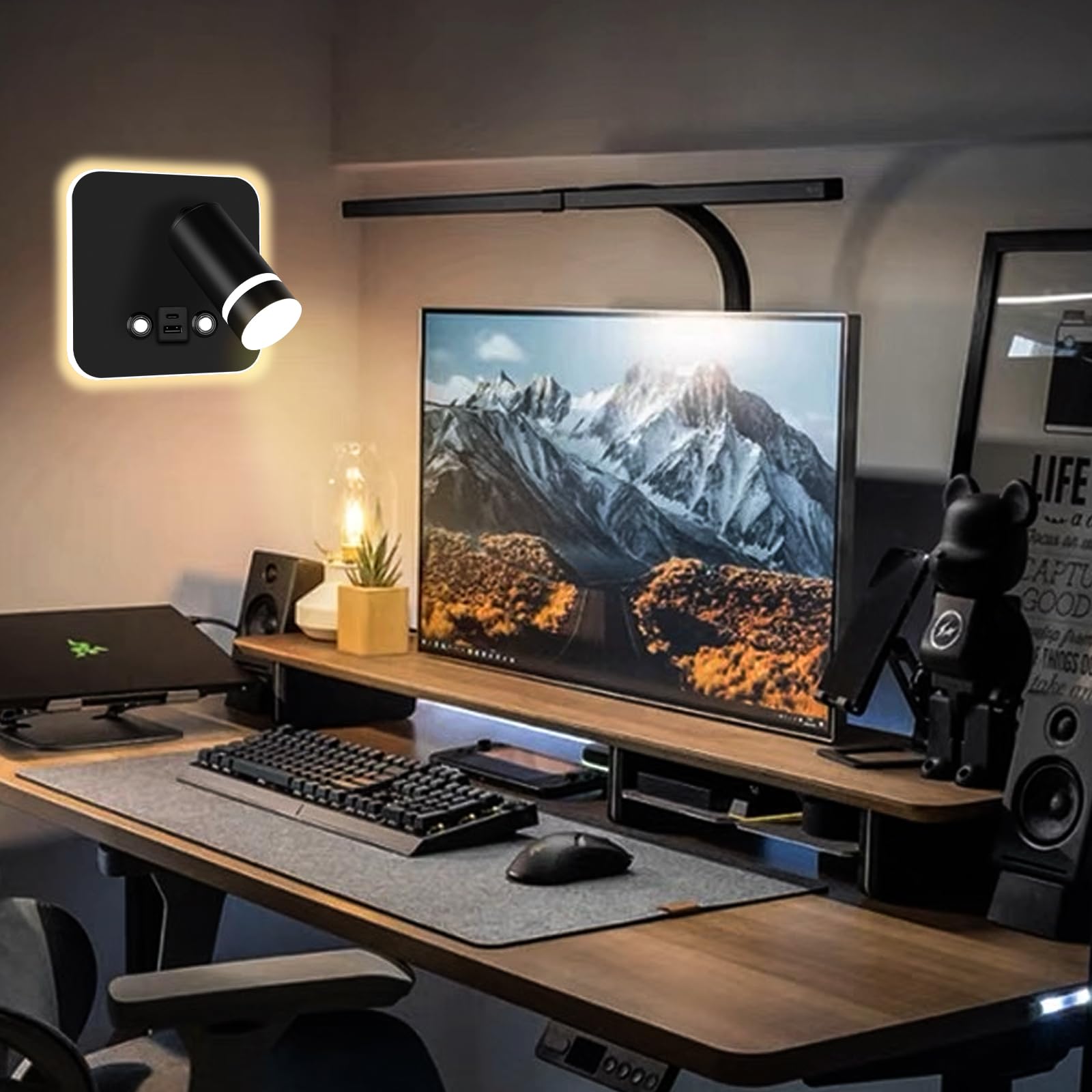 HUIZHOU Lámpara de lectura de LED montada en la pared toque 3 temperatura de color 12w puerto de carga USB 350 ° cama giratoria lámpara de lectura dormitorio de la (Negro cuadrado)
