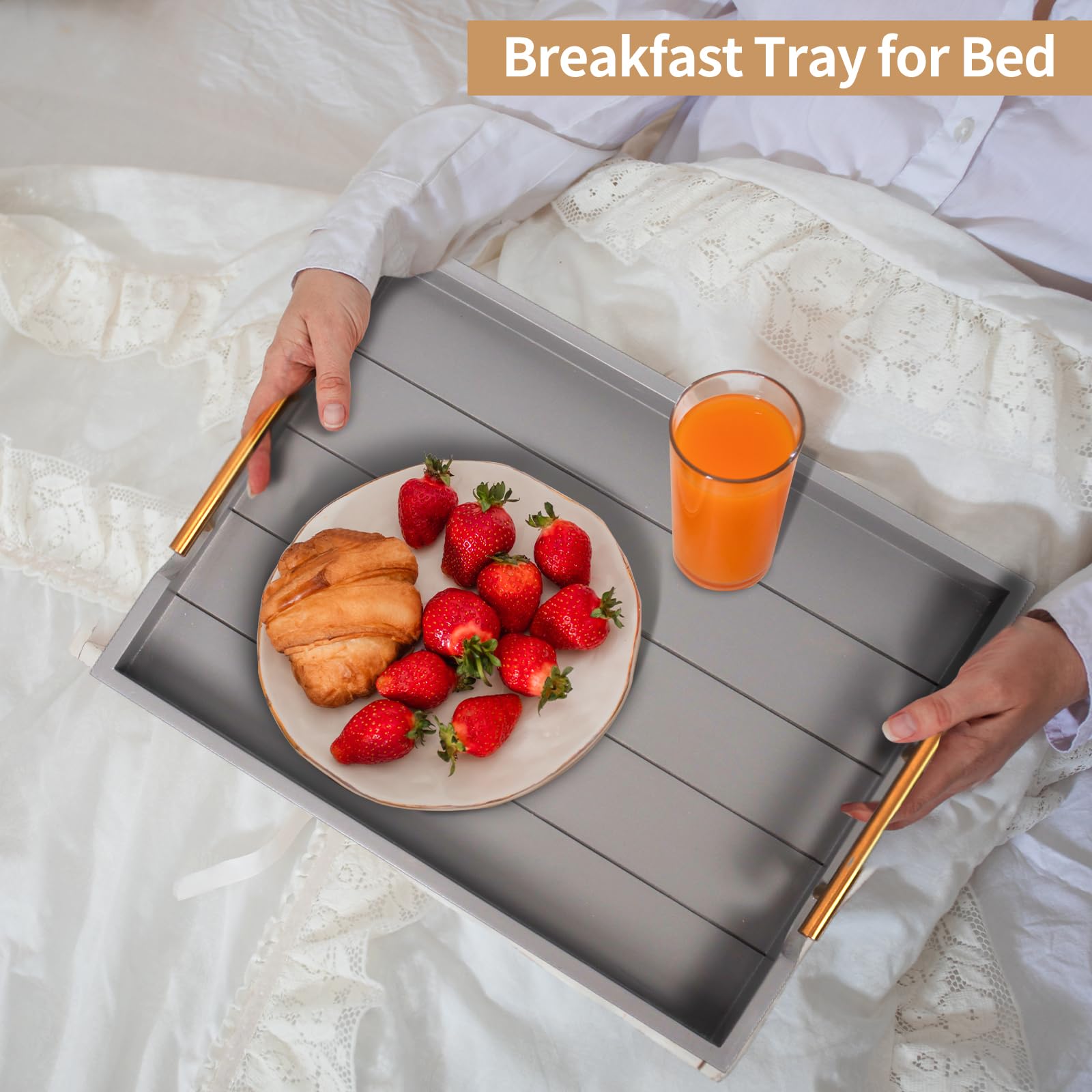 SXNOWS Bandeja otomana Grande de Madera, con Asas, Incluye 4 Posavasos Redondos, Bandeja para Servir Mesa de café para Sala de Estar, Gris (2 Juegos)