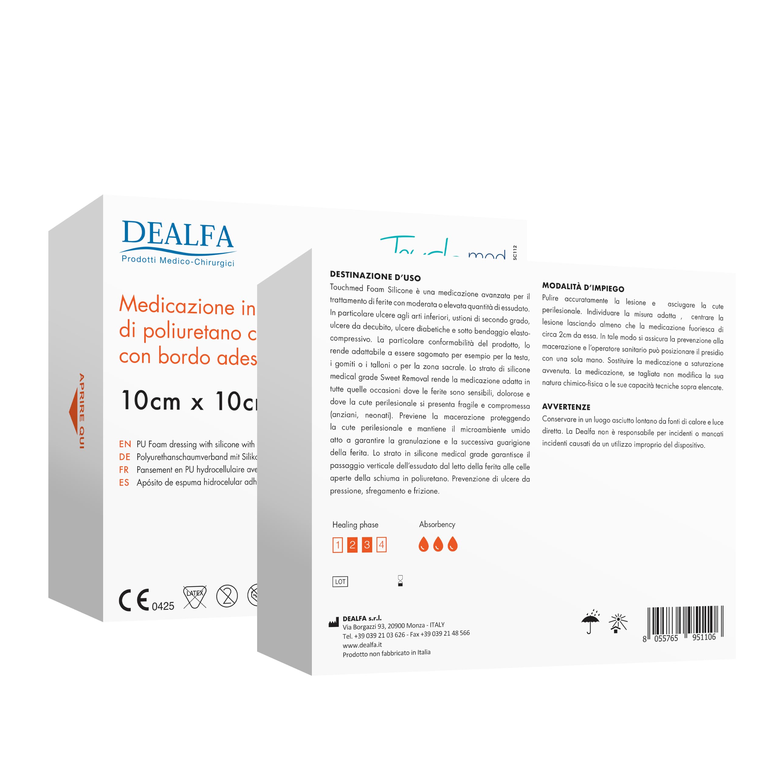 TOUCHMED Medicazione Sterile in Schiuma di Poliuretano con Silicone - 10x10 cm - Con Bordo Adesivo - Monouso - Confezione da 10 Pezzi