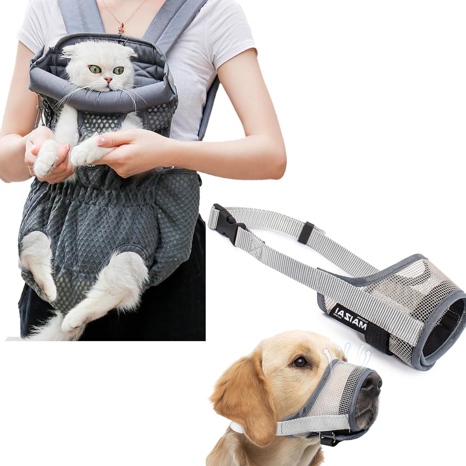 Coppthinktu Dog Muzzle Soft Mesh Muzzle for Small Medium Large Dog Mouth Guard & Dog Carrier Backpack Pet Front Carrier Backpack Legs Out Dog Chest Carrier