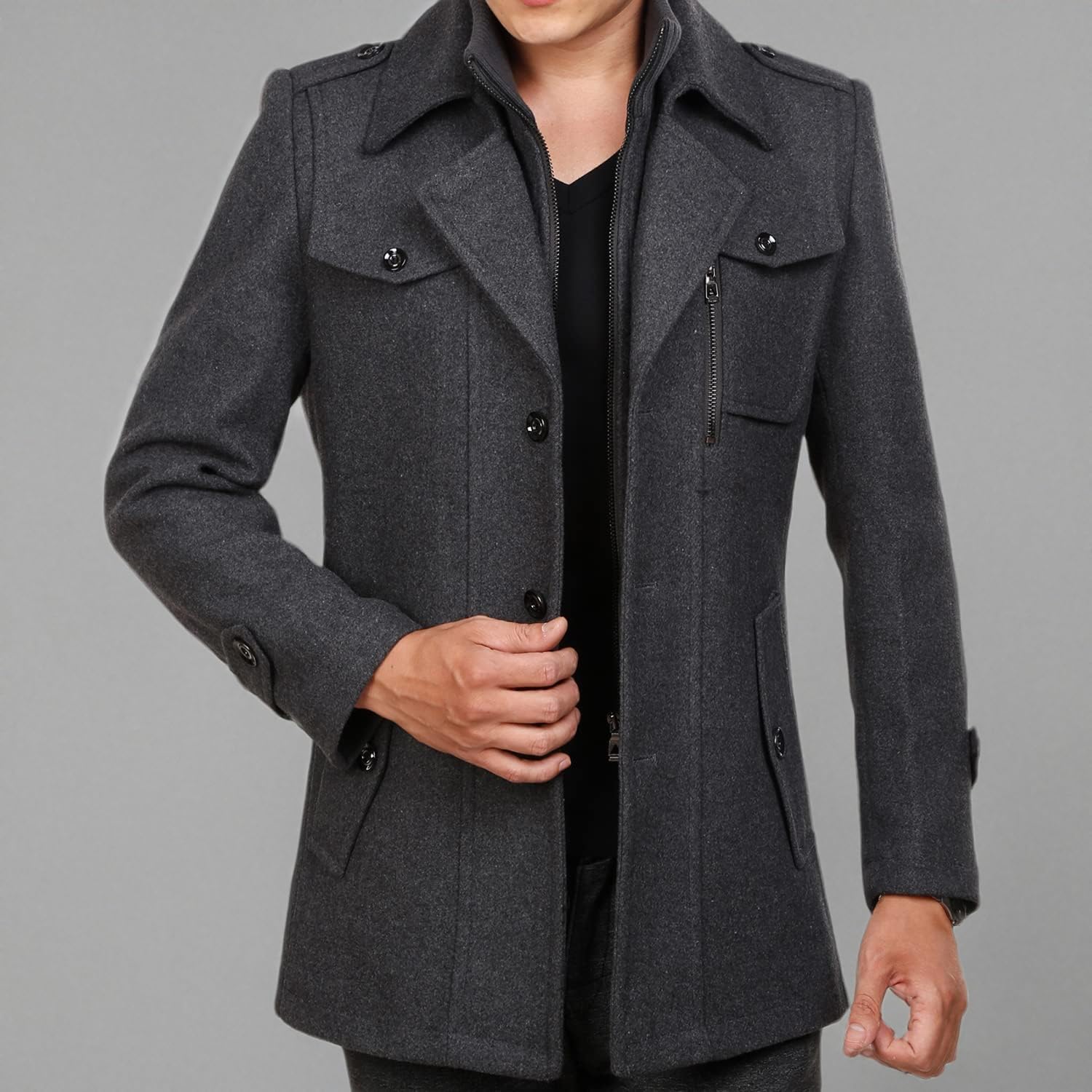 INVACHI Men's Wool Blend Coat Warm Winter Trench Coat with Detachable Soft Scarf Single Breasted Pea Coat - Image 7