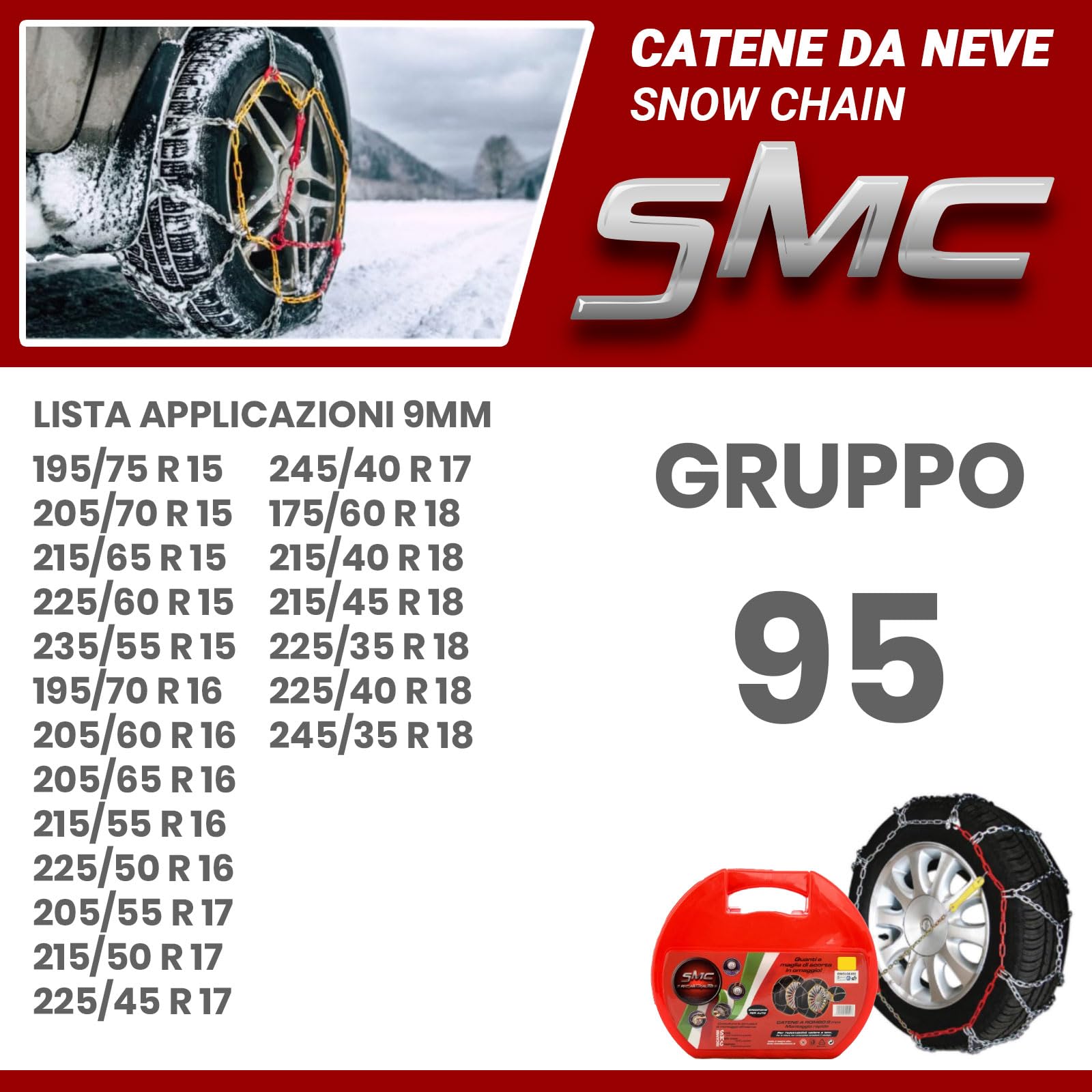 Catene da Neve OMOLOGATE O-Norm TUV SMC 9mm per Pneumatici GOMME 215/50 R 17