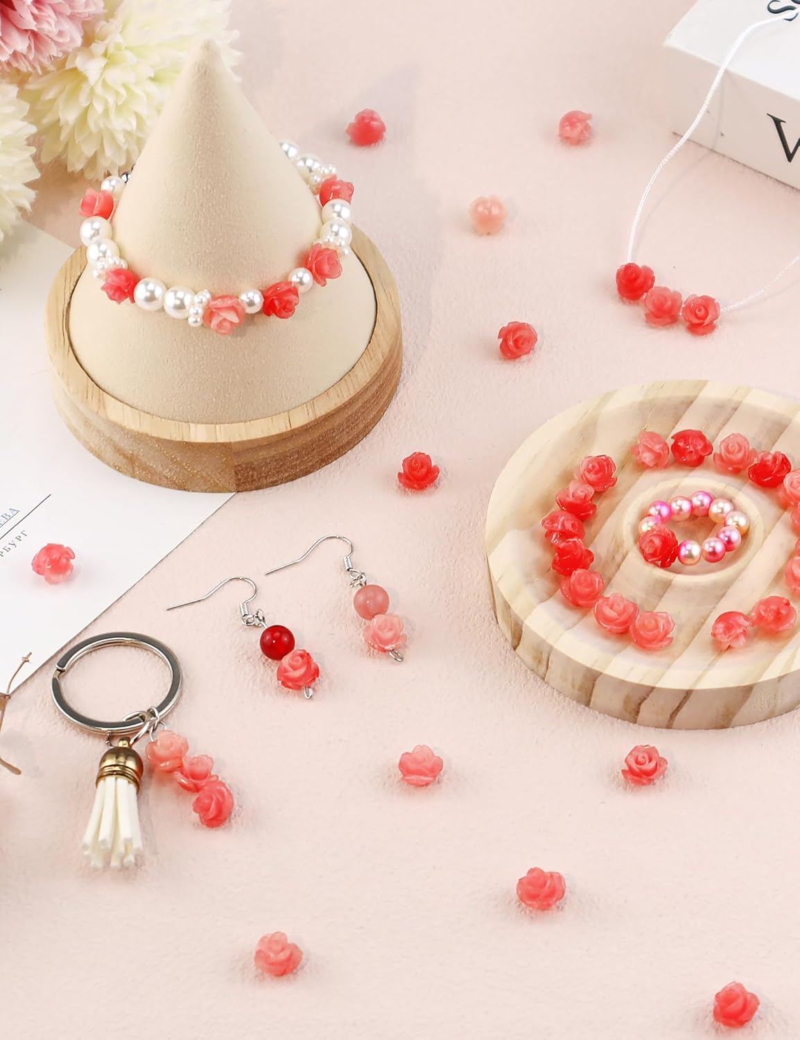 50 Pcs Pink Opaque Carve Rose Bead, 10mm Flower Carving Loose Beads Charms for Jewelry Making Necklace Bracelet Earring DIY Craft Valentine's Day Wedding Anniversary - Image 5