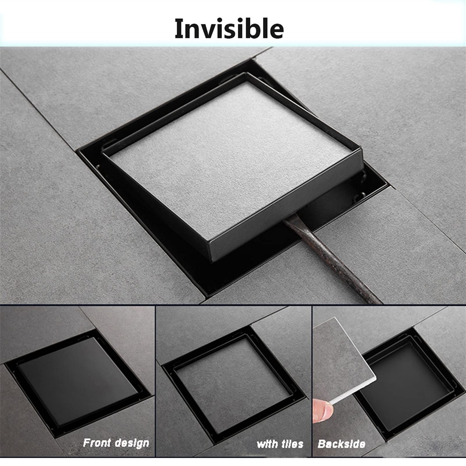 Desagüe de ducha invisible de 4 pulgadas, de latón, con rejilla de inserción de azulejos, cubierta extraíble, filtro para atrapar el pelo, desagüe cuadrado con filtro para cocina, baño, garaje y