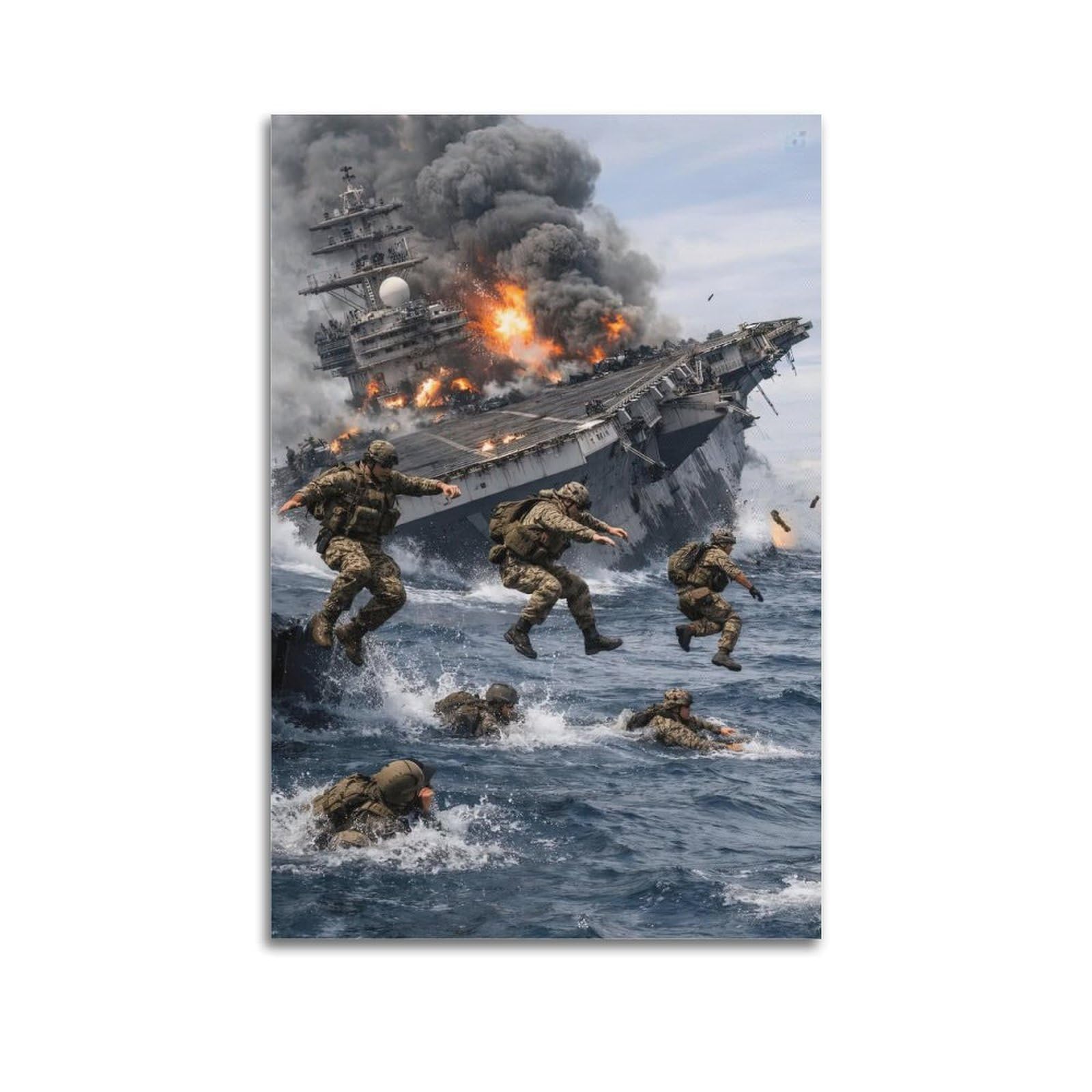OKAHYS Military War Poster Aircraft Carrier Sinking, Soldier Escape Decorative Painting Canvas Wall Artworks Picture 16x24inch(40x60cm)