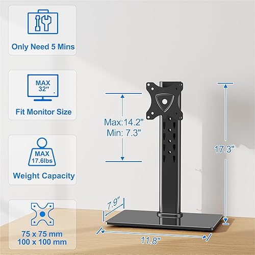 Miniatura 5 de Soporte de monitor individual para pantalla de computadora de 32 pulgadas, soporte de escritorio independiente con capacidad para hasta 17.6 libras,