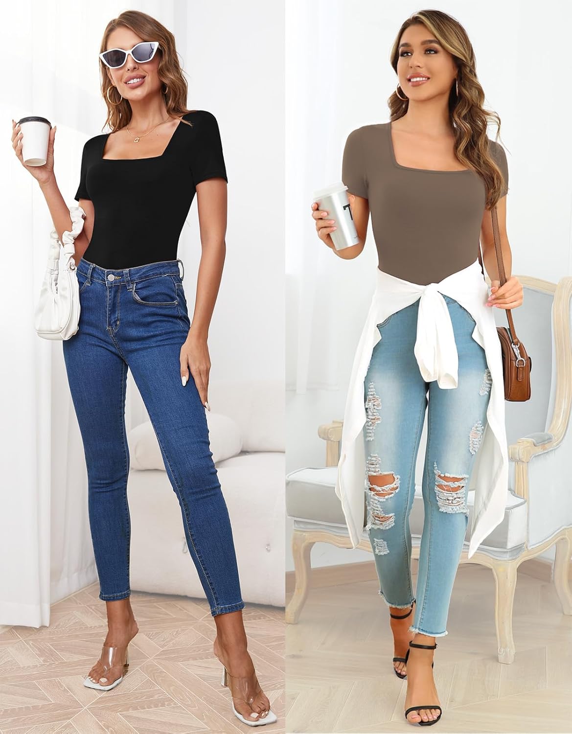 LAOLASI Women's Square Neck Bodysuit Short Sleeves Slim Fit Basic Stretchy Body suit Double Lined Shirt Tops - Image 3