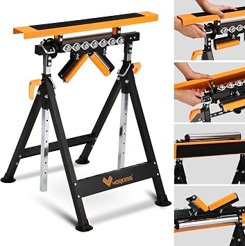 WORKESS 4 in 1 Roller Stand, Stable 440 Lbs Load Capacity with Saw Horses, V-Shaped, Multi-Directional Rollers & Outfeed Roller, Adjustable Height 33- 50, Folding for Woodworking