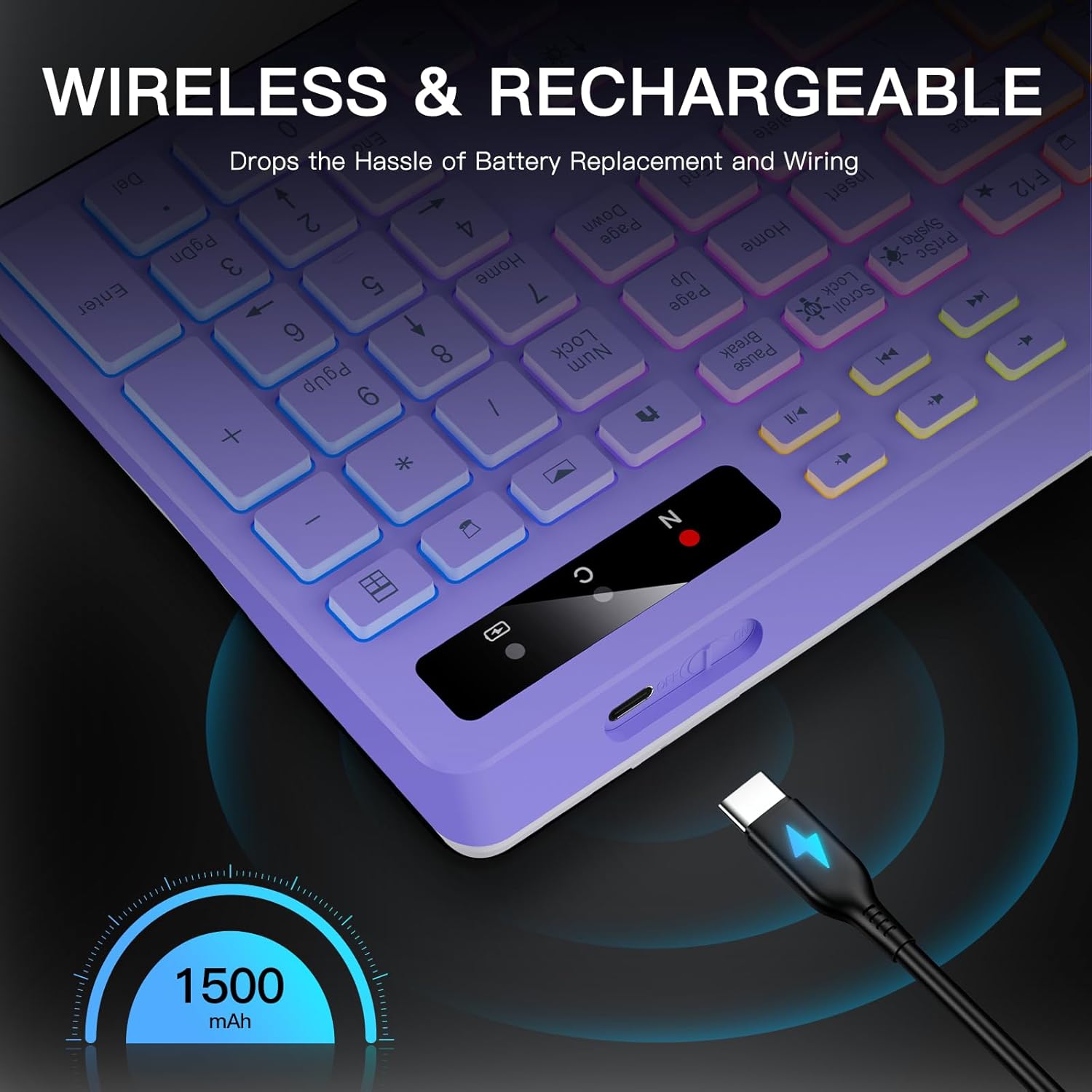Soueto Wireless Keyboard with 7-Color RGB Backlit, Full-Size Computer Keyboard with Phone Tablet Holder, 2.4G Rechargeable Gaming Keyboard with Light Up Keys, Compatible with Mac, Windows (Purple)