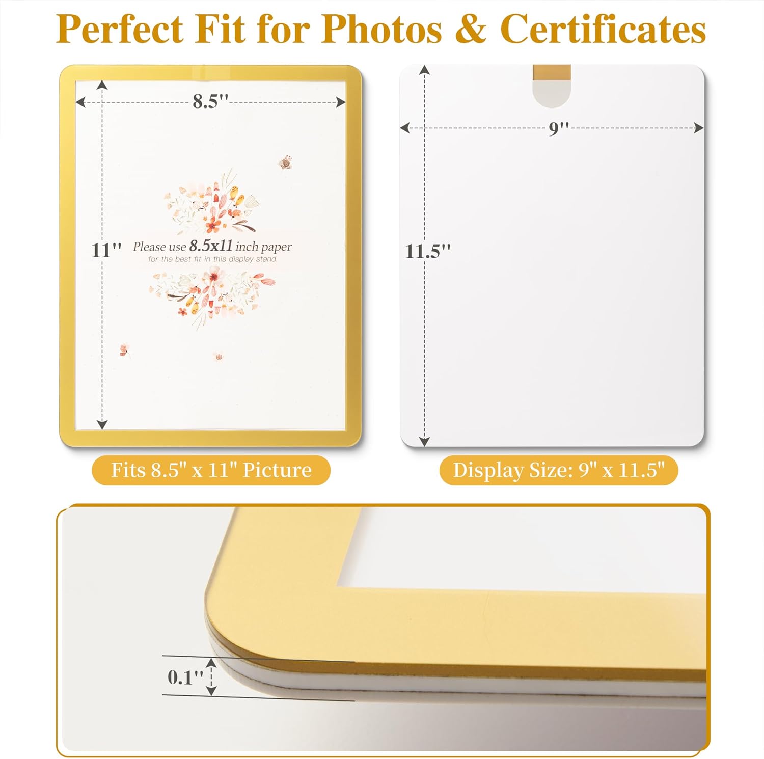 Acrylic Gold Picture Frames 3 Pack, 8.5 by 11 Photo Frame No Drilling, Self-Adhesive Sign Holder Wall Mounted Display for Diploma, Certificate, Letter Size Award, Home & Office (Vertical/Horizontal)