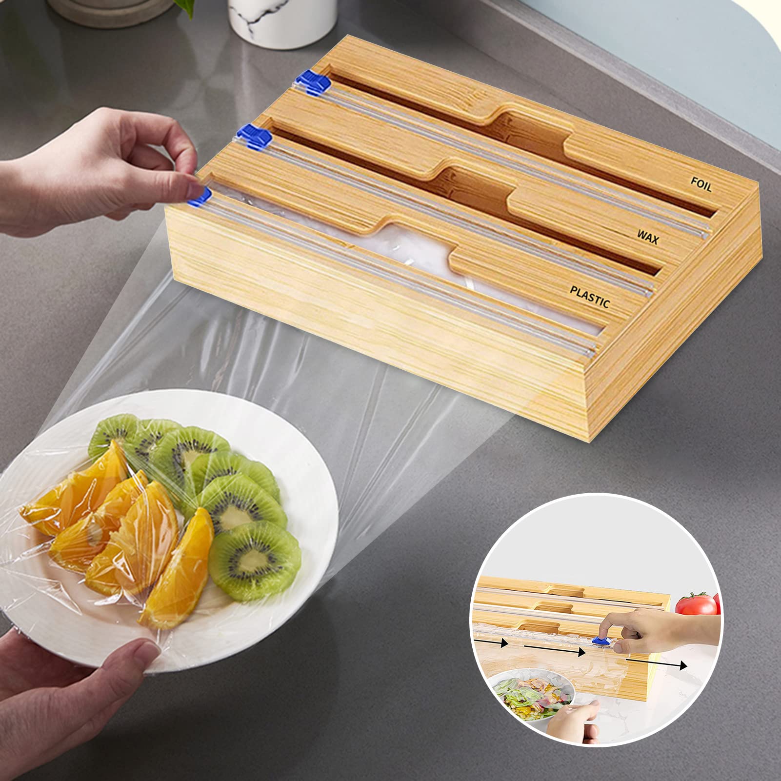 Dispenser per Pellicola Trasparente con Taglierino, Dispenser per Foglio di Alluminio E Carta Cerata,Dispenser per Pellicola Trasparente in Legno Robusto E Riutilizzabile