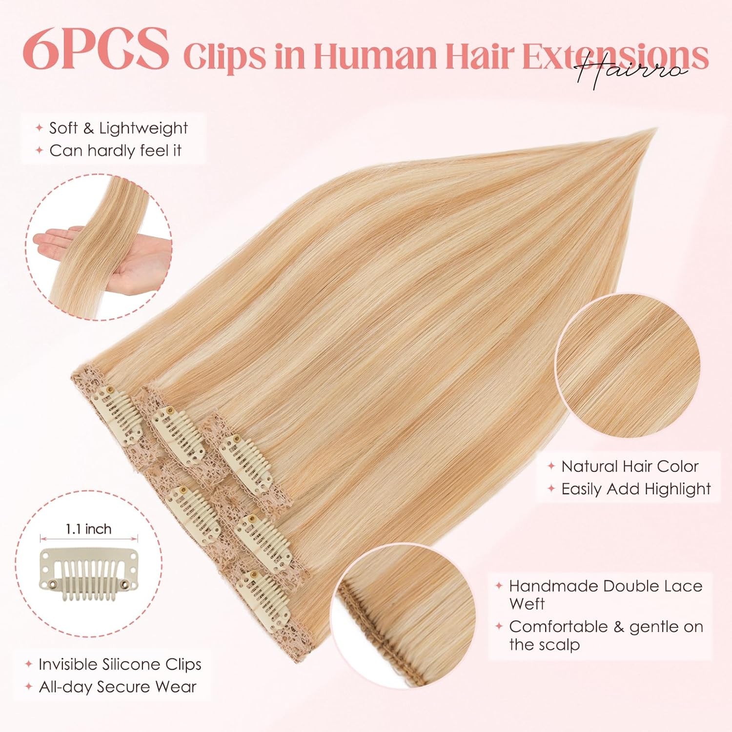 Hairro 6pcs Clip In Short Human Hair Extensions, Single Clip Design 100% Real Hair with Lace Weft, Seamless Thin Hairpieces Add Highlights, 10 Inch Short 31g #18RP613R Ash Blonde Mix Bleach Blonde