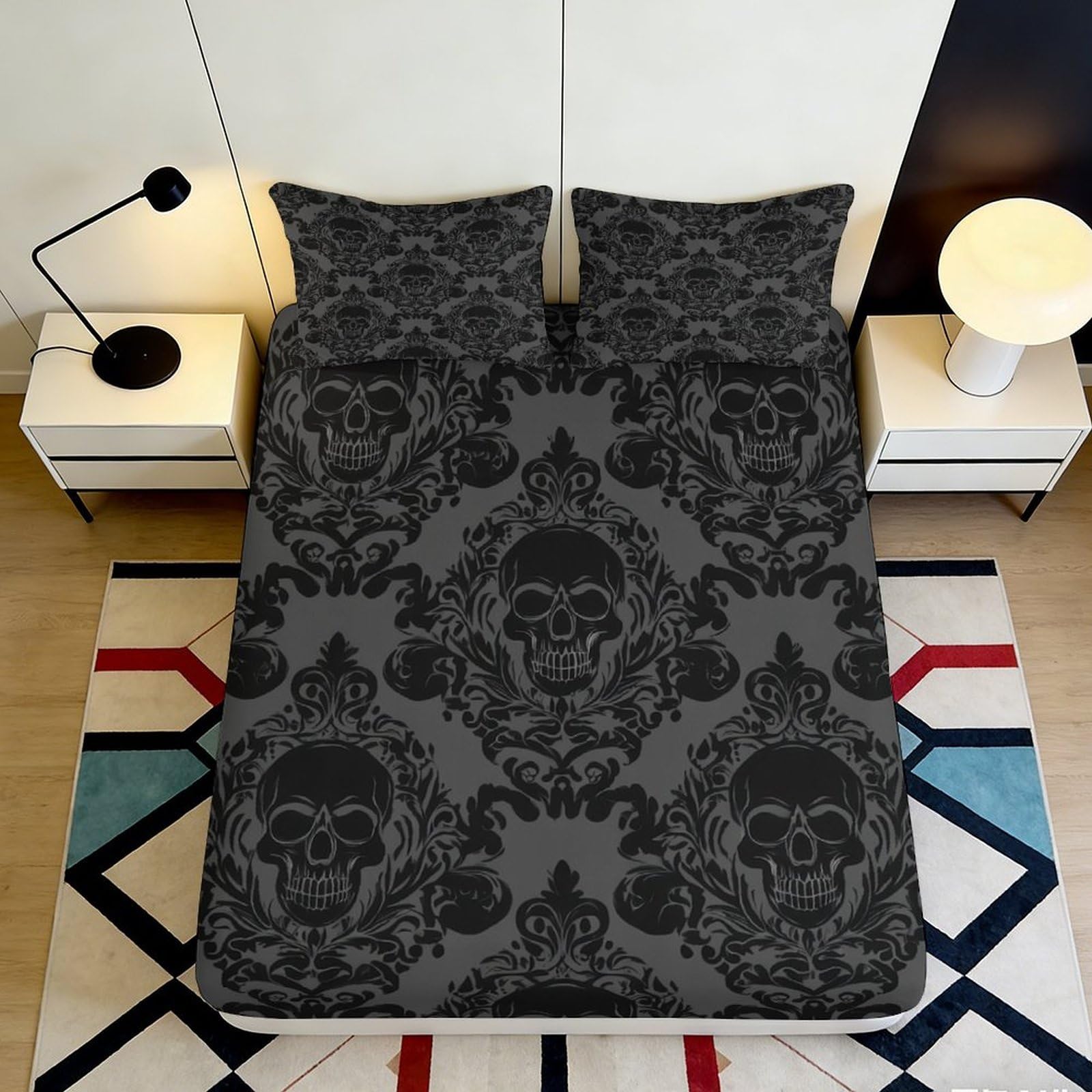 3D Printed Gothic Skull Fitted Sheet Microfiber Dark Baroque Mattress Cover Anti-Slip Washable Bedroom Decor 120x200cm 90x200x25cm