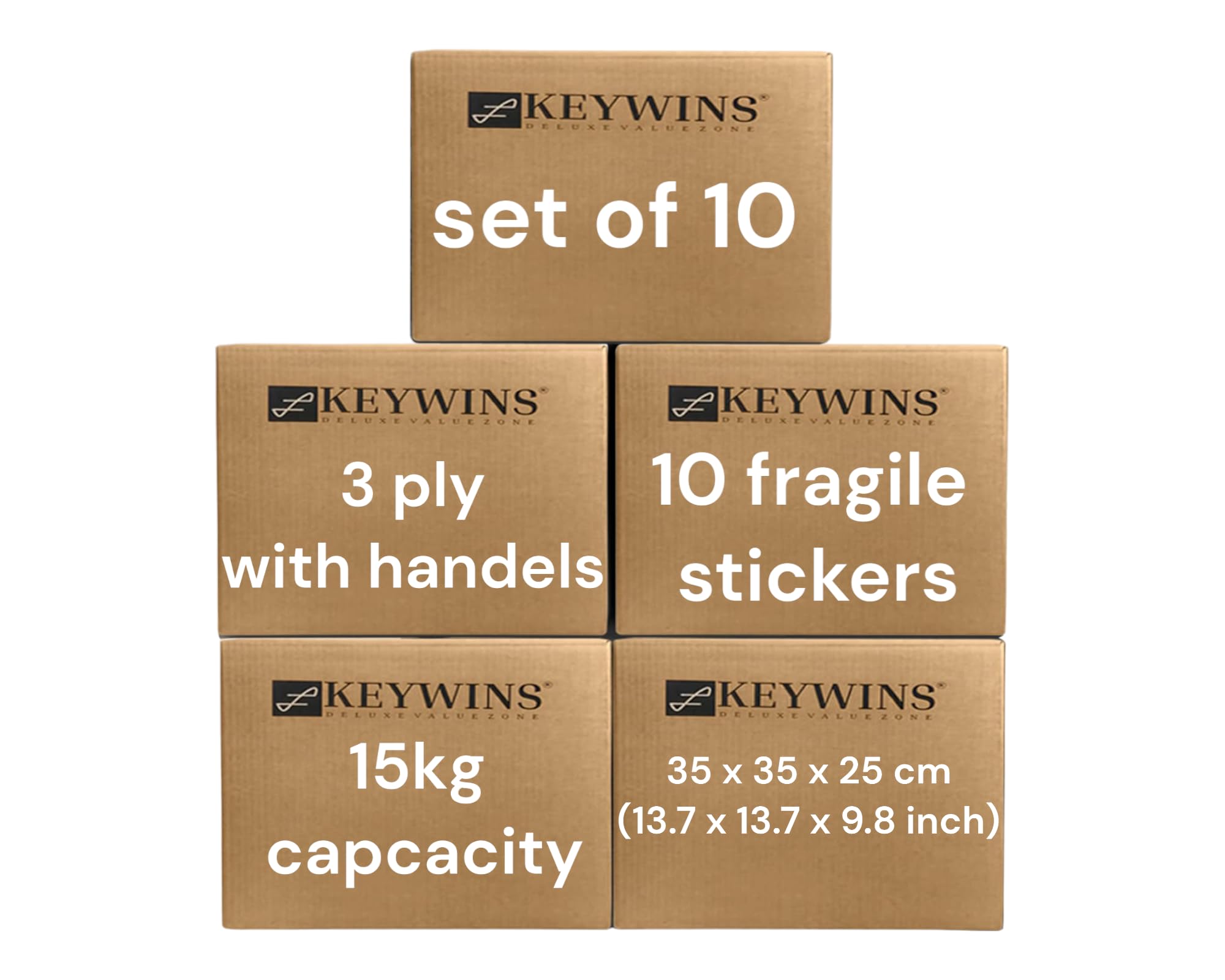 KEYWINS® 3 Ply Storage Boxes-H35 x W35 x D25cm Pack Of 10 Pieces With 10 pices (Sticker Caer) With Handles-Carton cardboard box for Moving And Backing And Shipping And Archive - 100% Recyclable -Brown