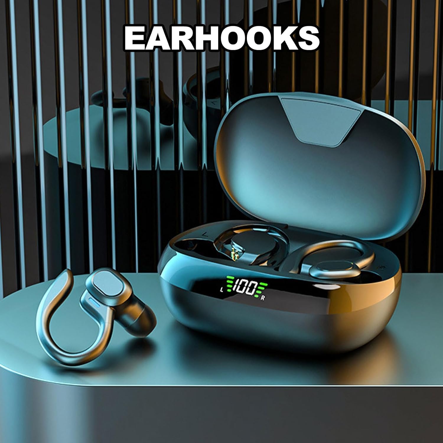 Bewinner Cordless Earbuds Bluetooth 5.3 Headphones Sport, 8Hrs Playtime Ear Buds with Digital Display Charging Case, Over Ear Earhooks Headest for Workout/Running
