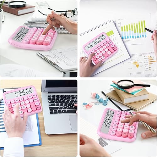 Miniatura 3 de Interruptor mecánico calculadora rosa de 12 dígitos - Pantalla LCD grande, botones grandes, escritorio, lindo, para uso diario