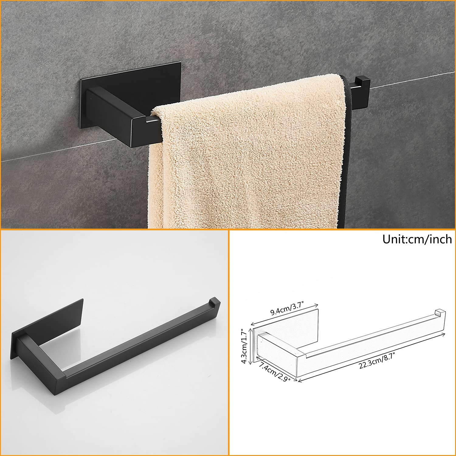 BA156SET-3B BA156SET-3B - Set di accessori da bagno autoadesivi, in acciaio inox, con anello porta asciugamani, porta carta igienica, ganci per accappatoio, finitura nera, 3 pezzi Beelee