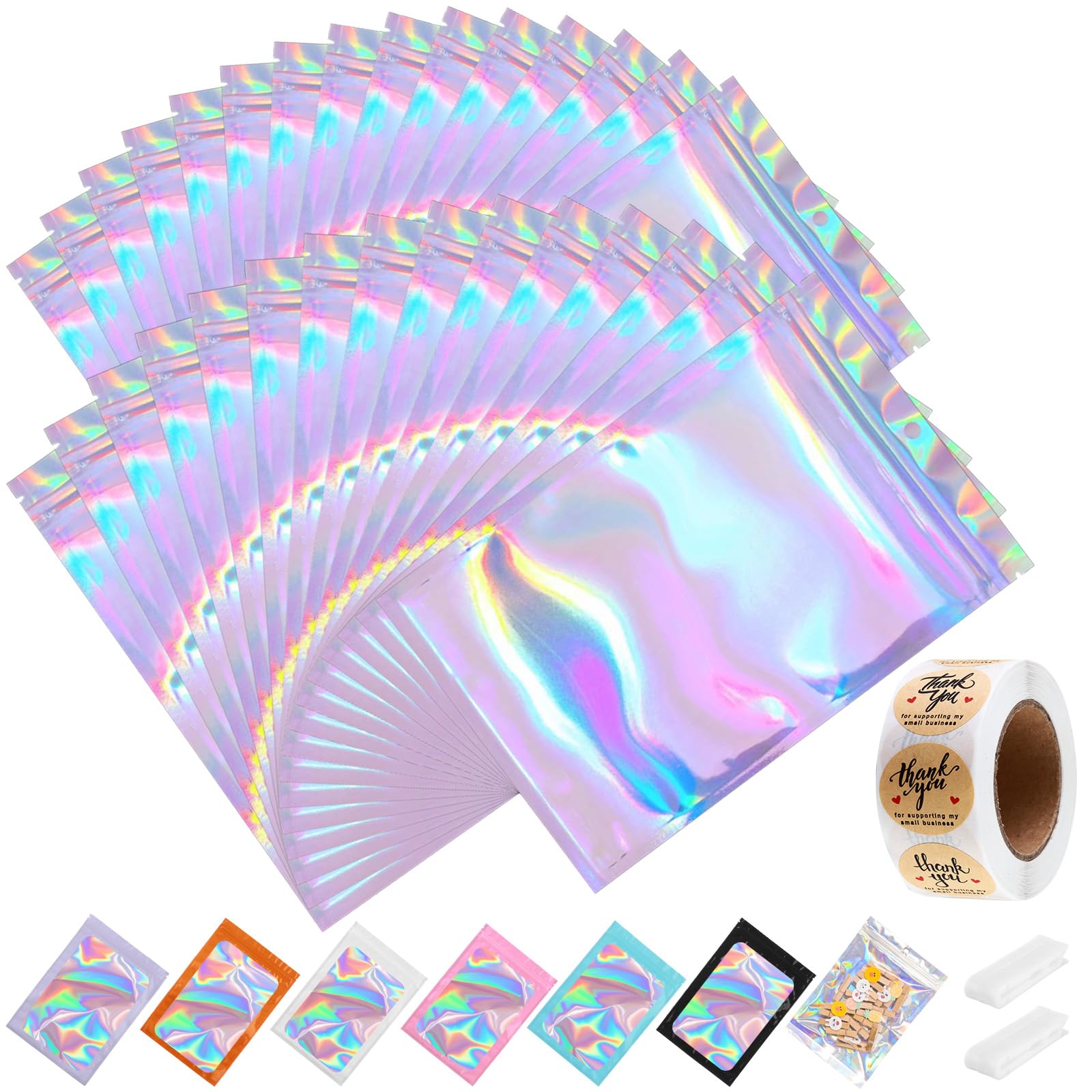 Confezione da 200 sacchetti in Mylar olografico da 17,8 x 25,4 cm, con finestra trasparente, richiudibili, per la conservazione degli alimenti, grandi e a prova di odore, per biscotti, gioielli e