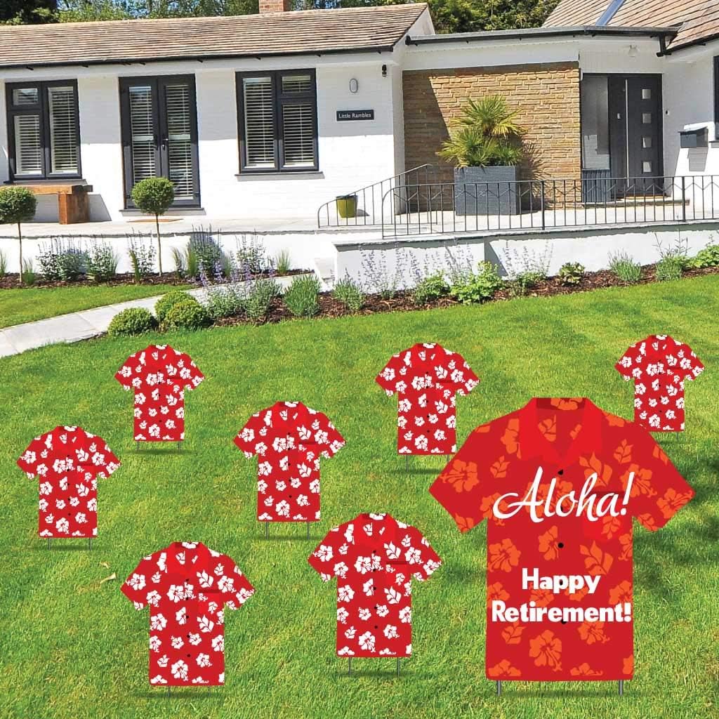 VictoryStore Yard Sign Decorations: Aloha Retirement Yard Decoration Hawaiian Shirt Design 8 Signs Includes Stakes (Aloha Red)