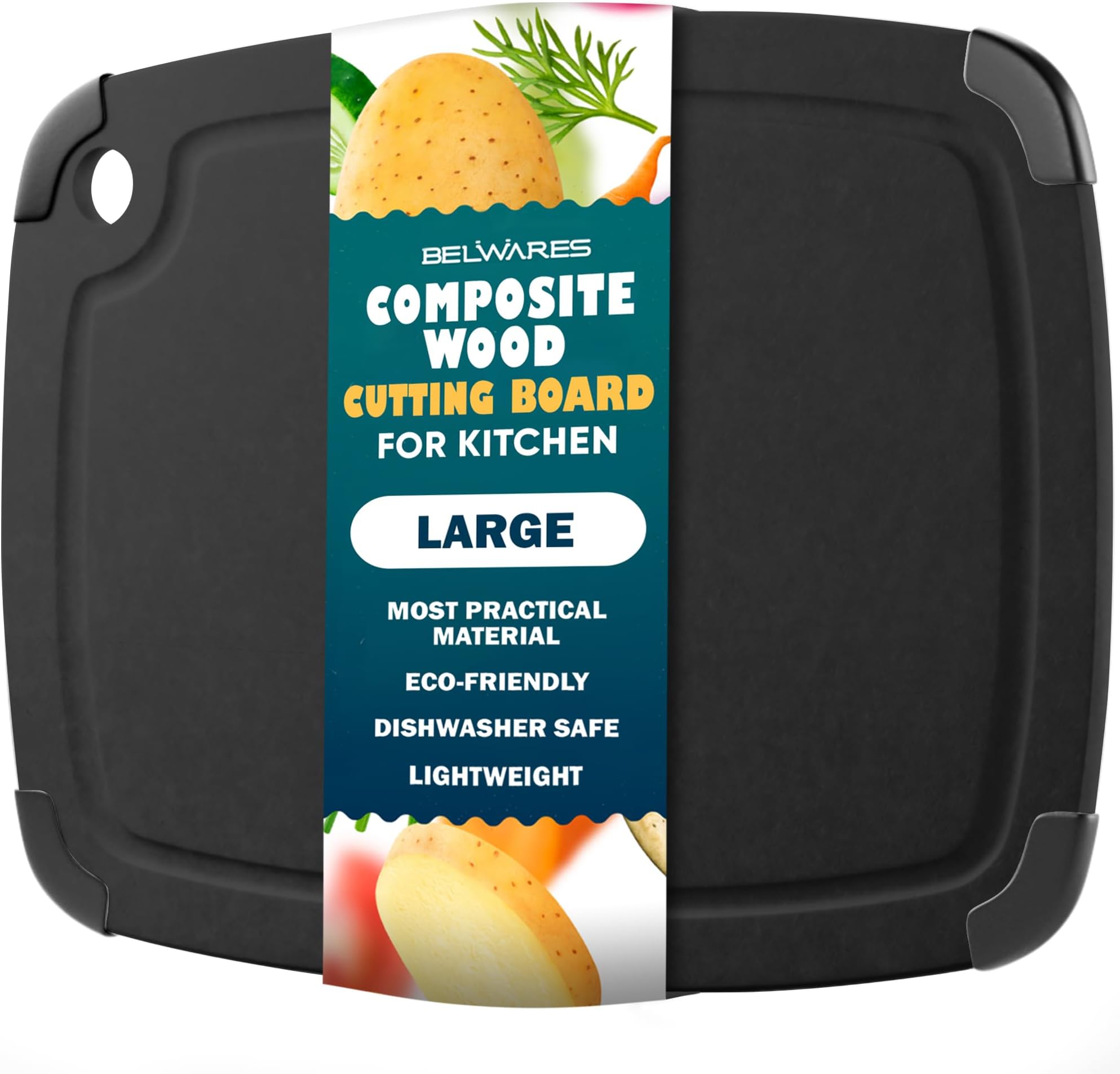 BelwaresWooden Cutting Board for Kitchen - Large Nonslip Composite Wood Cutting Boards Dishwasher Safe with Grooves, Thin, BPA Free & Eco-Friendly Chopping Board (14.5 x 11.25 Inch, Slate Black)