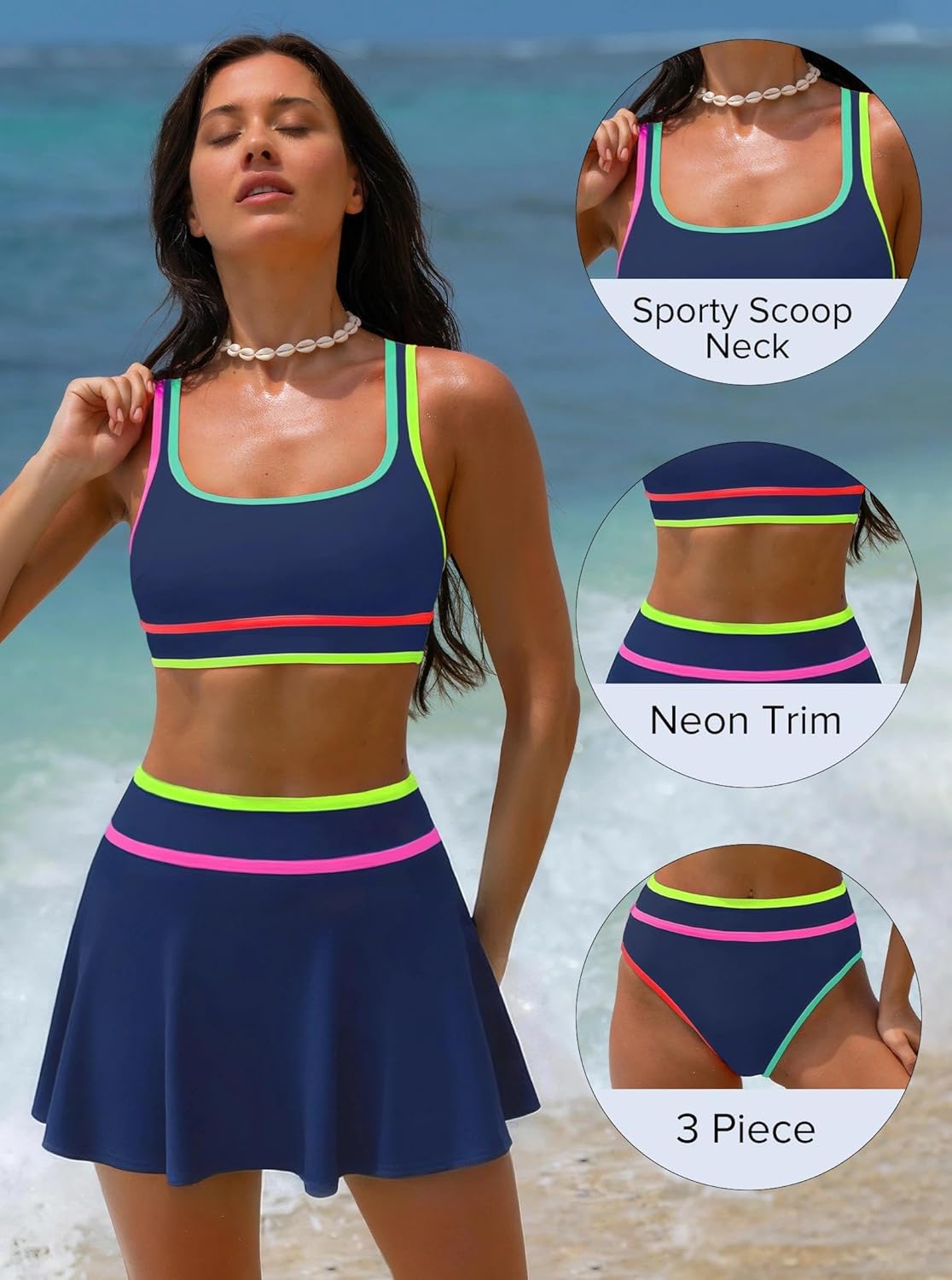 popvil High Waisted Bikini Sets for Women 3 Piece Swimsuit with Skirt Neon Swimwear Sporty Bathing Suits 2026