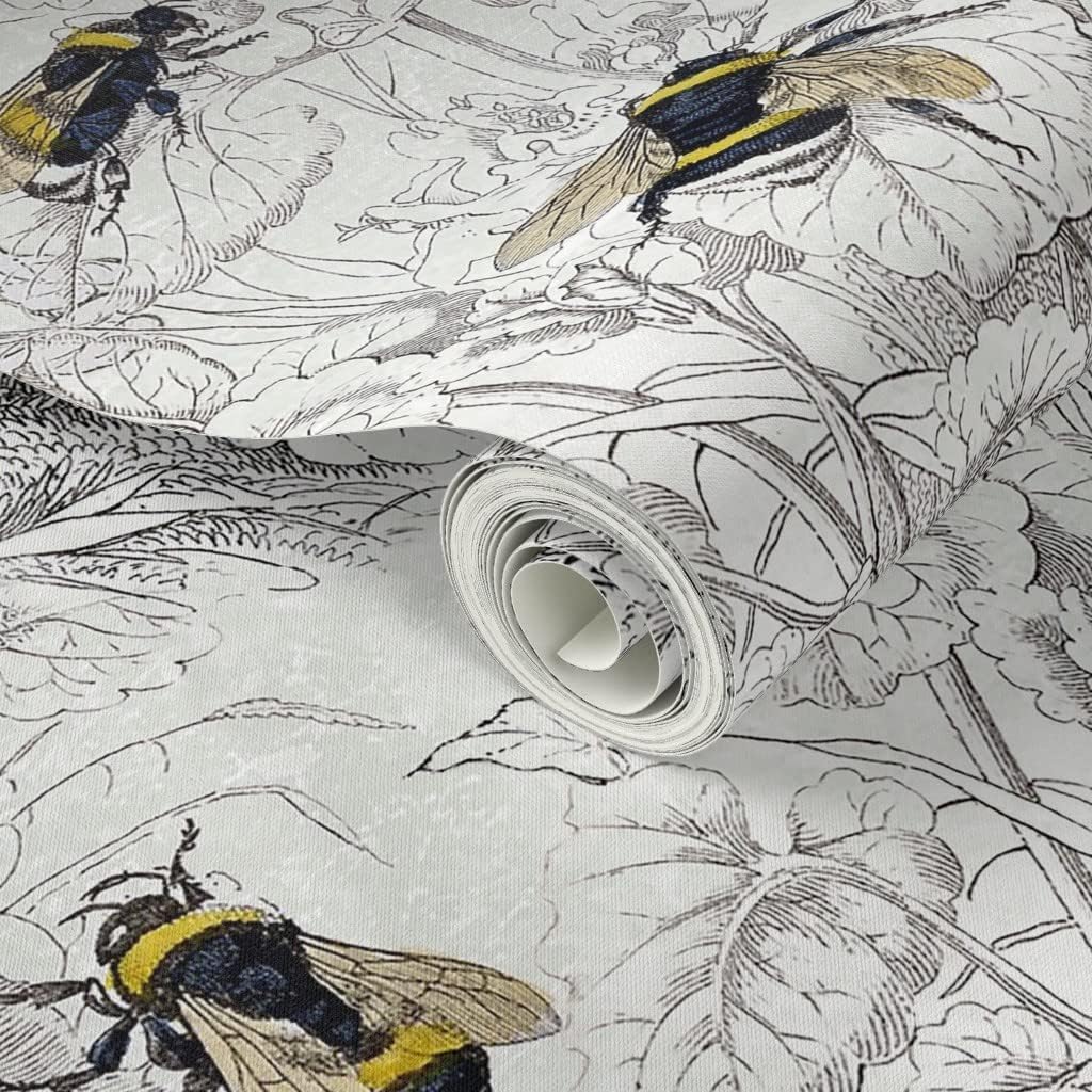 Peel & Stick Wallpaper 3ft x 2ft - Bee Honey Floral Flowers Vintage Antique Illustration Pencil Drawing Flower Sketch Honeybee Custom Removable Wallpaper by Spoonflower