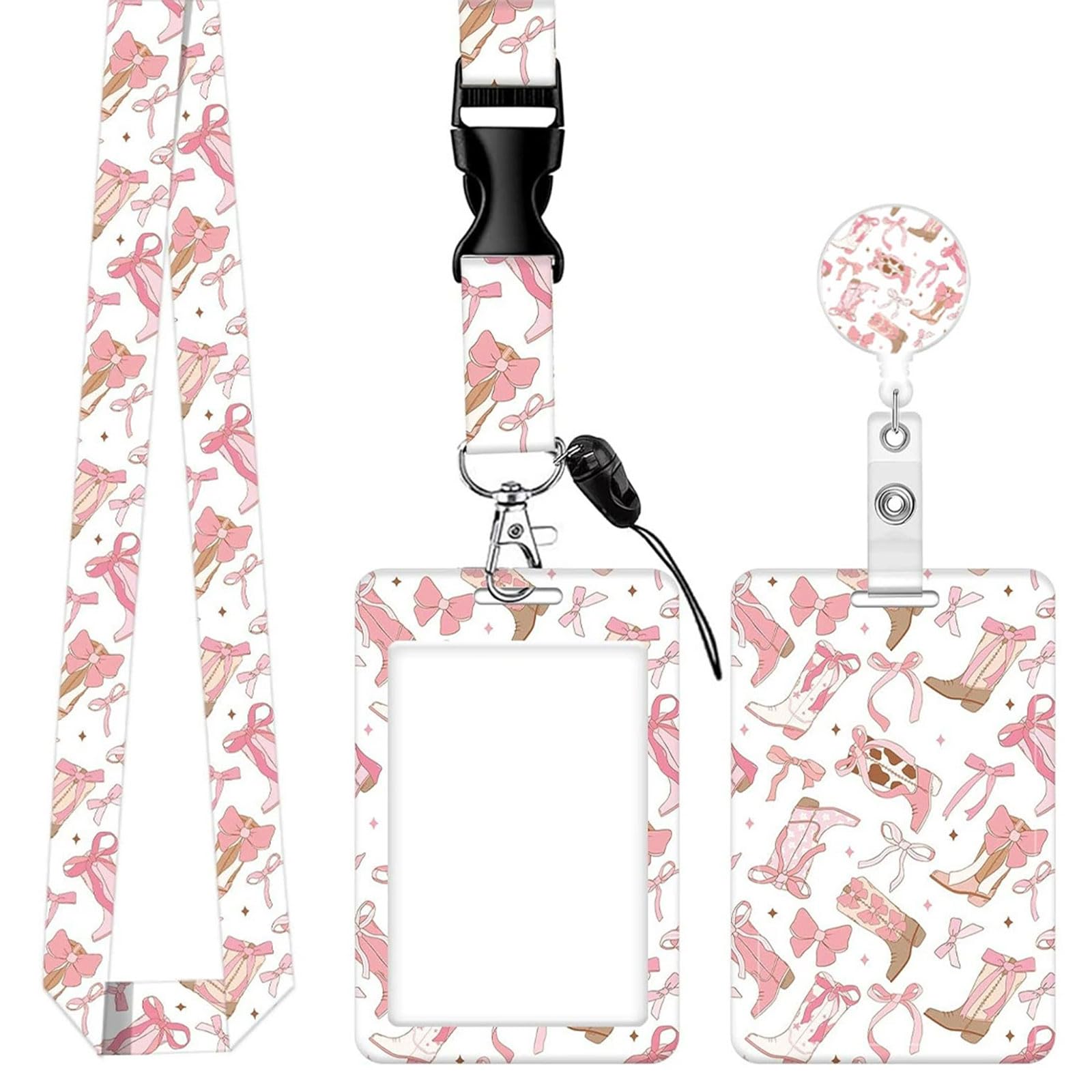 Sliding Badge Holders, Plastic Card Holder with Retractable Badge Reel Carabiner and Detachable Lanyard Vertical ID Protector for Office Worker Teacher Student Nurse (Cowboy Boot Bow)