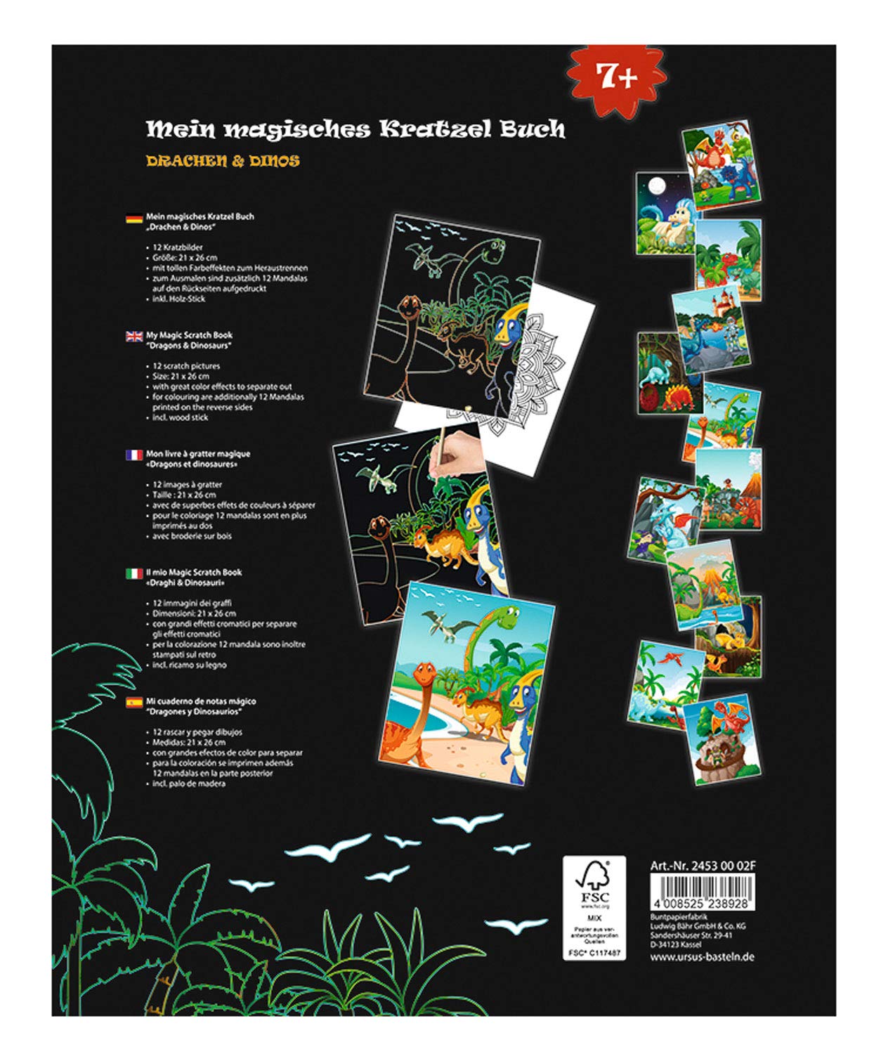 Ursus 24530002F - Moja magiczna książka do drapania smoków i dinozaurów, obrazy do zdrapywania, wymiary ok. 21 x 26 cm, ze wspaniałymi efektami kolorystycznymi i 12 mandalami do malowania, łącznie z