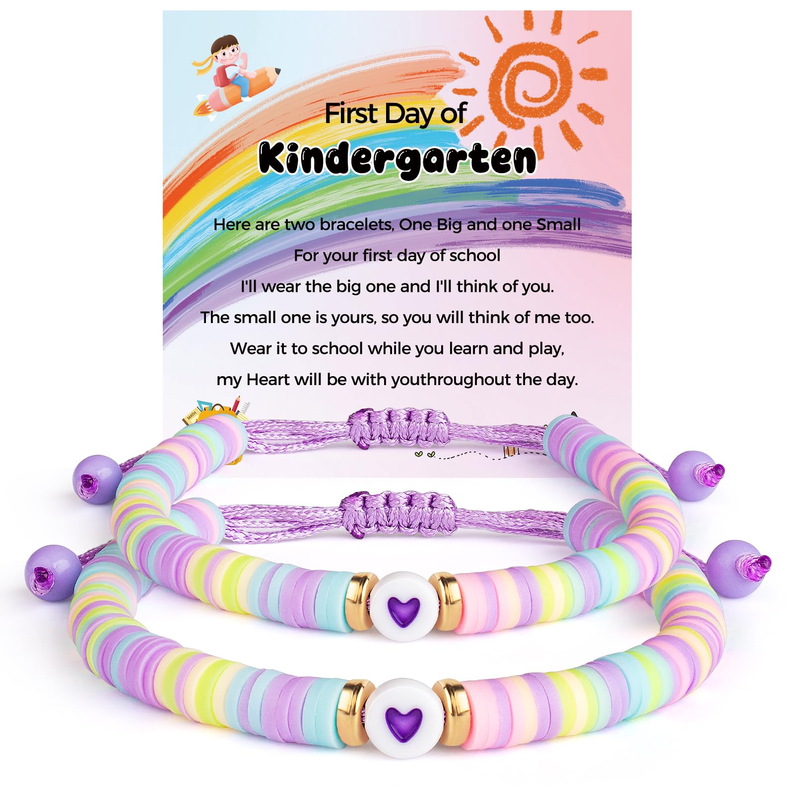 First Day of School Mommy and Me Matching Bracelet Set kindergarden Pre-K Back to School Gifts Adjustable Heart Clay Bead Jewelry for Mother Daughter Dad Son