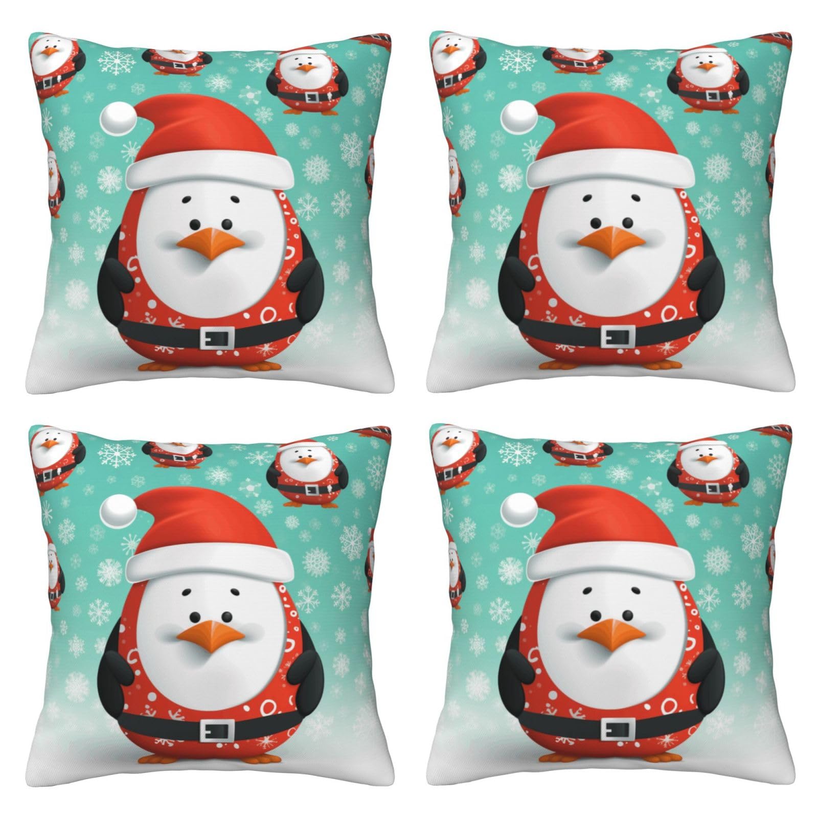 Christmas Santa Penguin Throw Pillow Cases 4 Pack Square Pillowcases Super Soft Pillow Protectors With Zipper for Couch Livingroom Sofa Bed Office Car,40x40 CM