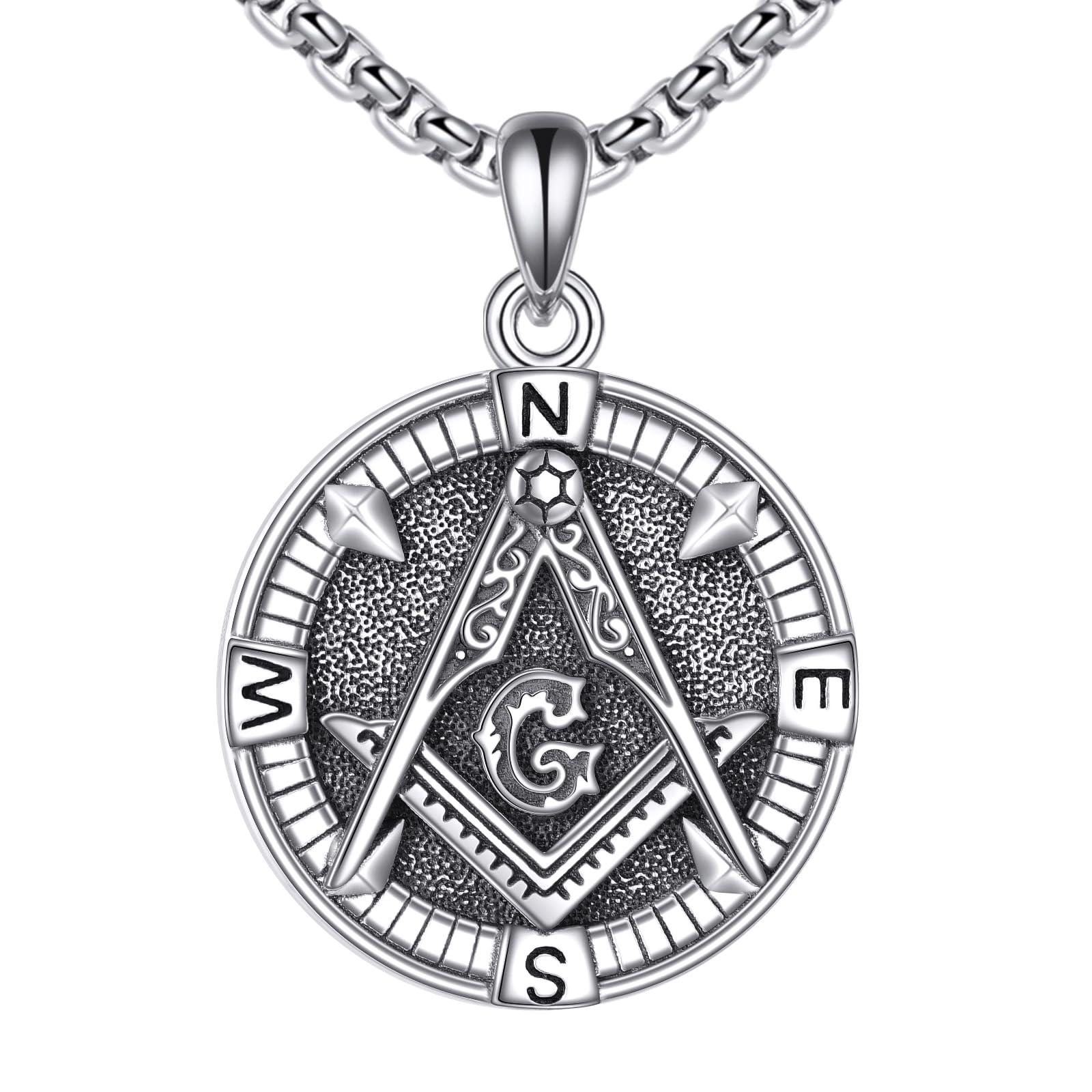 ONEFINITY Collar masónico de plata de ley 925 con colgante de brújula masónica, collar de masonería, símbolo de masón, joyería para hombre, talla única, Plata, No es una piedra preciosa