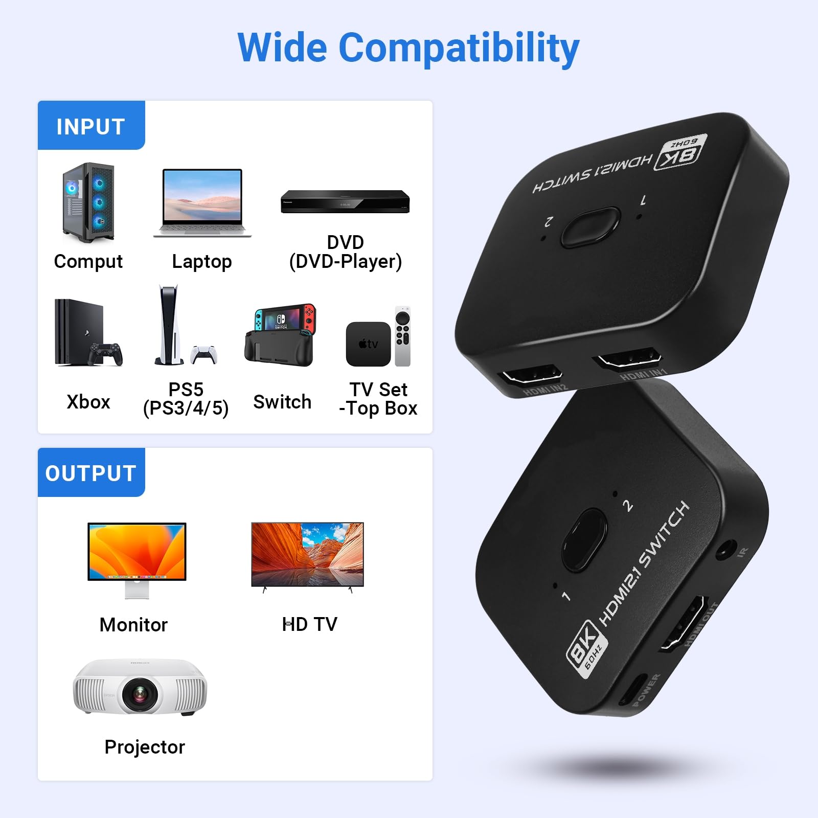 TCNEWCL Switch HDMI 8K 60Hz, 4K 120Hz Répartiteur 1 Entrée 2 Sorties ou Commutateur 2 Entrées 1 Sortie, Splitter 2.1 Bi-Direction, Compatible avec PS5 PS4 Xbox Lecteur Blu-Ray PC