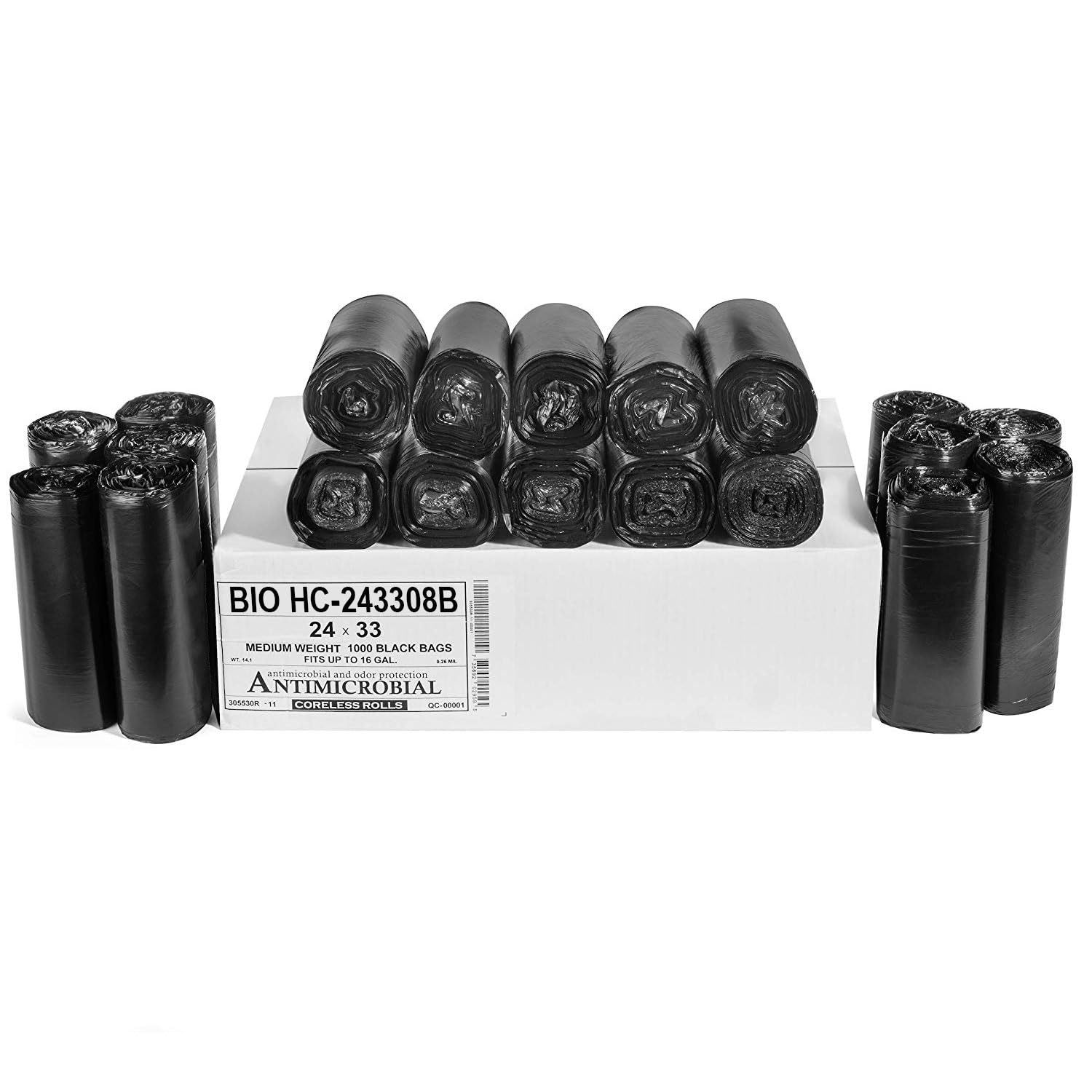 Aluf Plastics Bolsas de basura de alta densidad, 16 galones, 1000 unidades con tecnología BioFlex, 8 micras (eq), 24 x 33 pulgadas, color negro, para baño, oficina, industrial, comercial