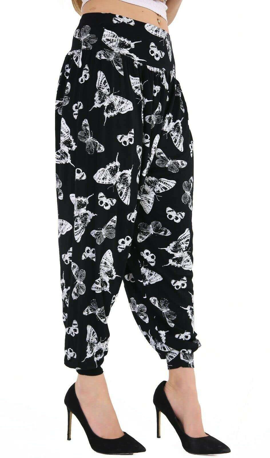 WearAll Ladies Plus Size Harem Trousers Womens Full Leggings Stretch Pants (24 to 26, Black Butterfly)