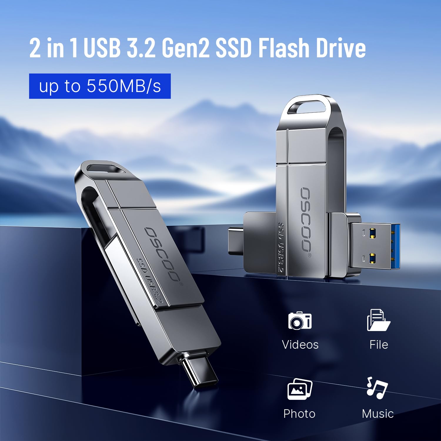 128GB SSD Flash Drive, Up to 550MB/s–USB 3.2 Gen1 Thumb Drive, Dual USB-C & USB-A Ports, Compatible with iPhone 15/16/17, Android Phones, Mac – Photo & Video Backup
