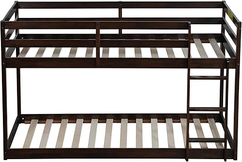 Miniatura 97 de Litera baja individual sobre individual, base de cama de madera maciza con escalera y barandillas de seguridad, literas individuales para niños y