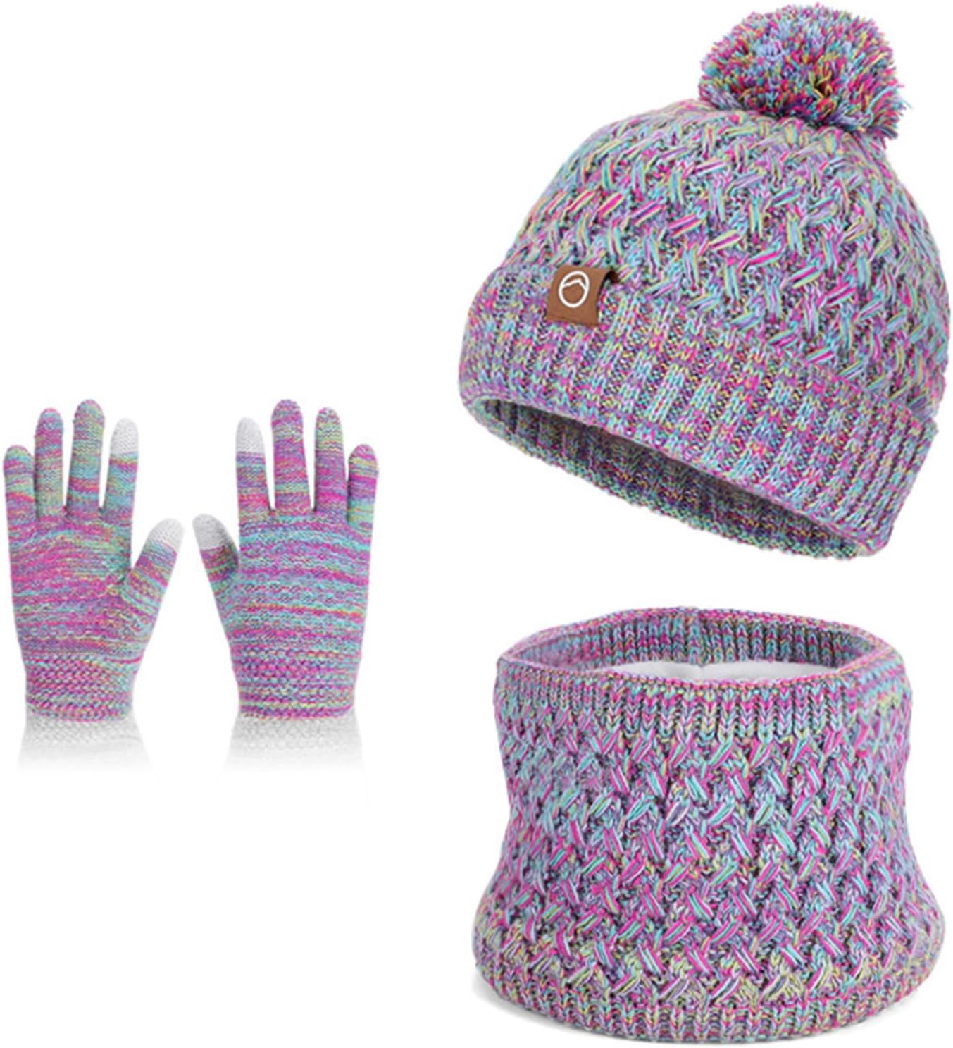 Kids Winter Hat Gloves Scarf Set, Pom Wool Warm Fleece Beanie Knit Neck Gaiter Mittens for 4-10 Years Children