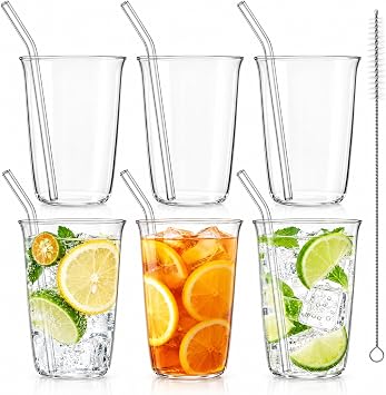 6 Pieces Drinking Glasses with Straw, 16 Oz Clear Water Glass Set