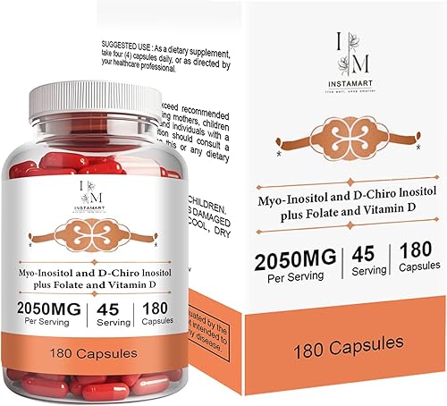INSTAMART Suplemento de mio-inositol y D-Chiro inositol con ácido fólico y vitamina D, 2050 mg, 180 cápsulas, 45 porciones