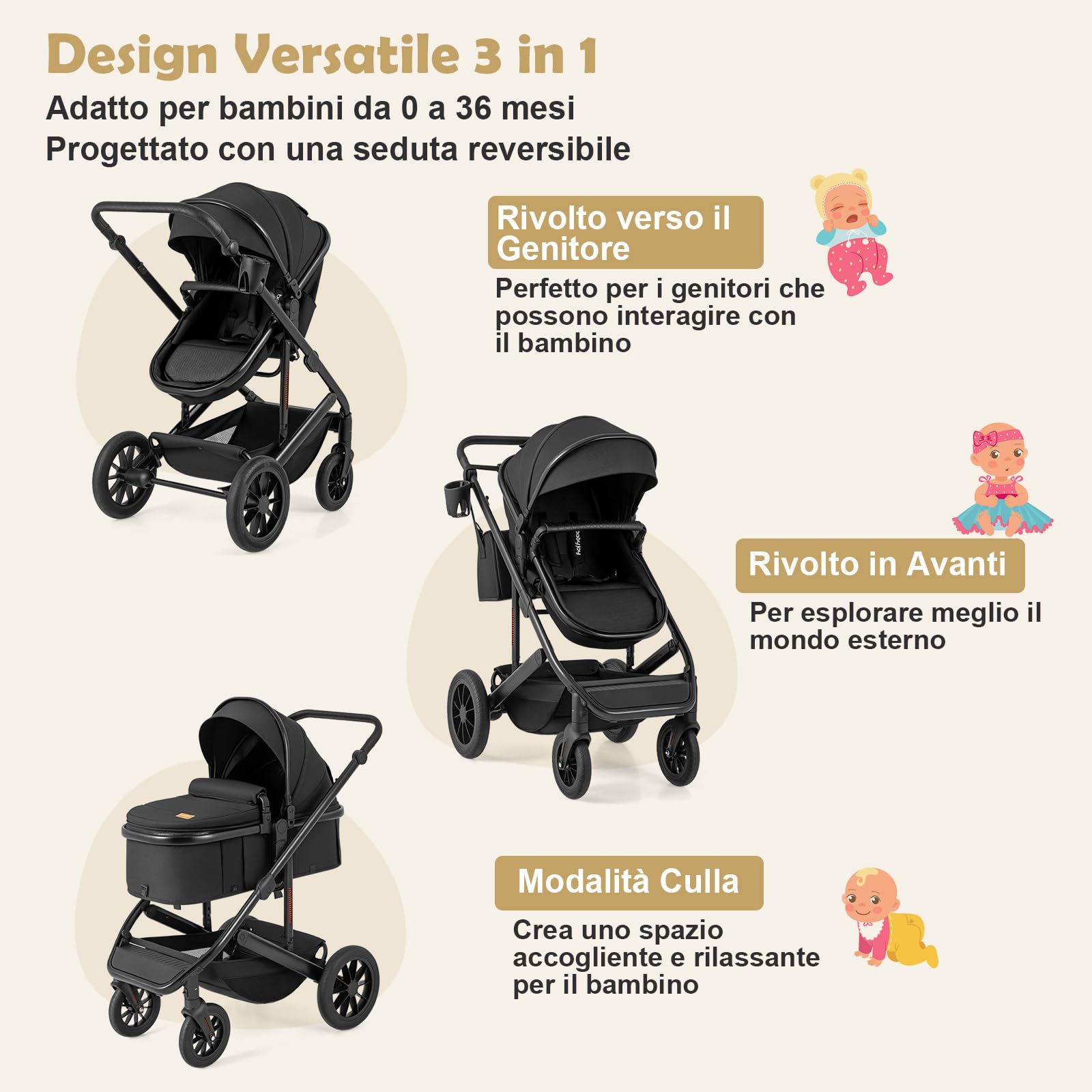 RELAX4LIFE Passeggino Pieghevole 3 in 1, Tettuccio e Manico Regolabili, Cintura di Sicurezza, 4 Ruote Scorrevoli, Cestino Portaoggetti, Portabicchieri, Borsa per il Trasporto (Nero)