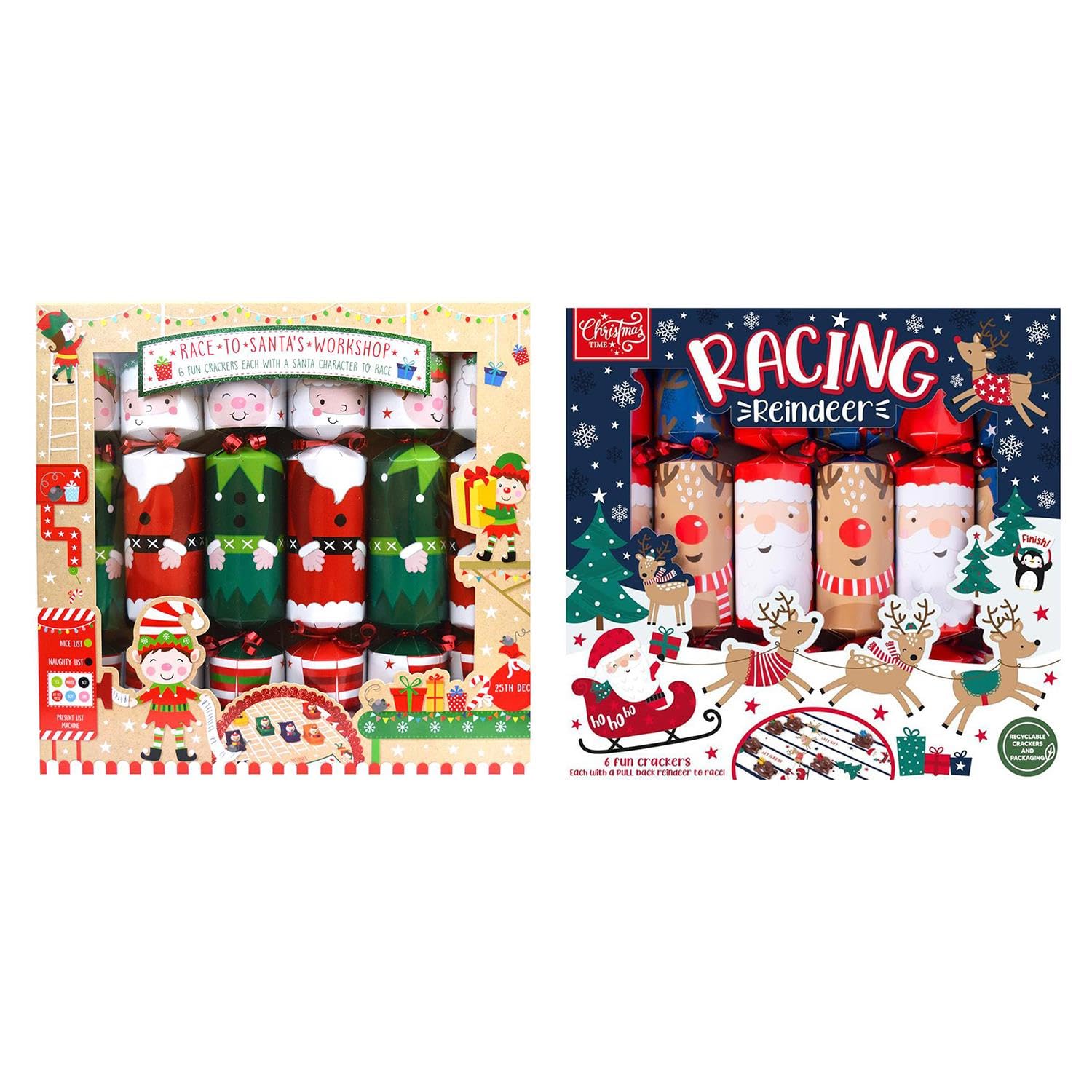 Yöl Red Pack Of 2 Christmas Crackers - 6 Racing Reindeer, 6 Race To Santa's Workshop Board Games, Family Xmas Table