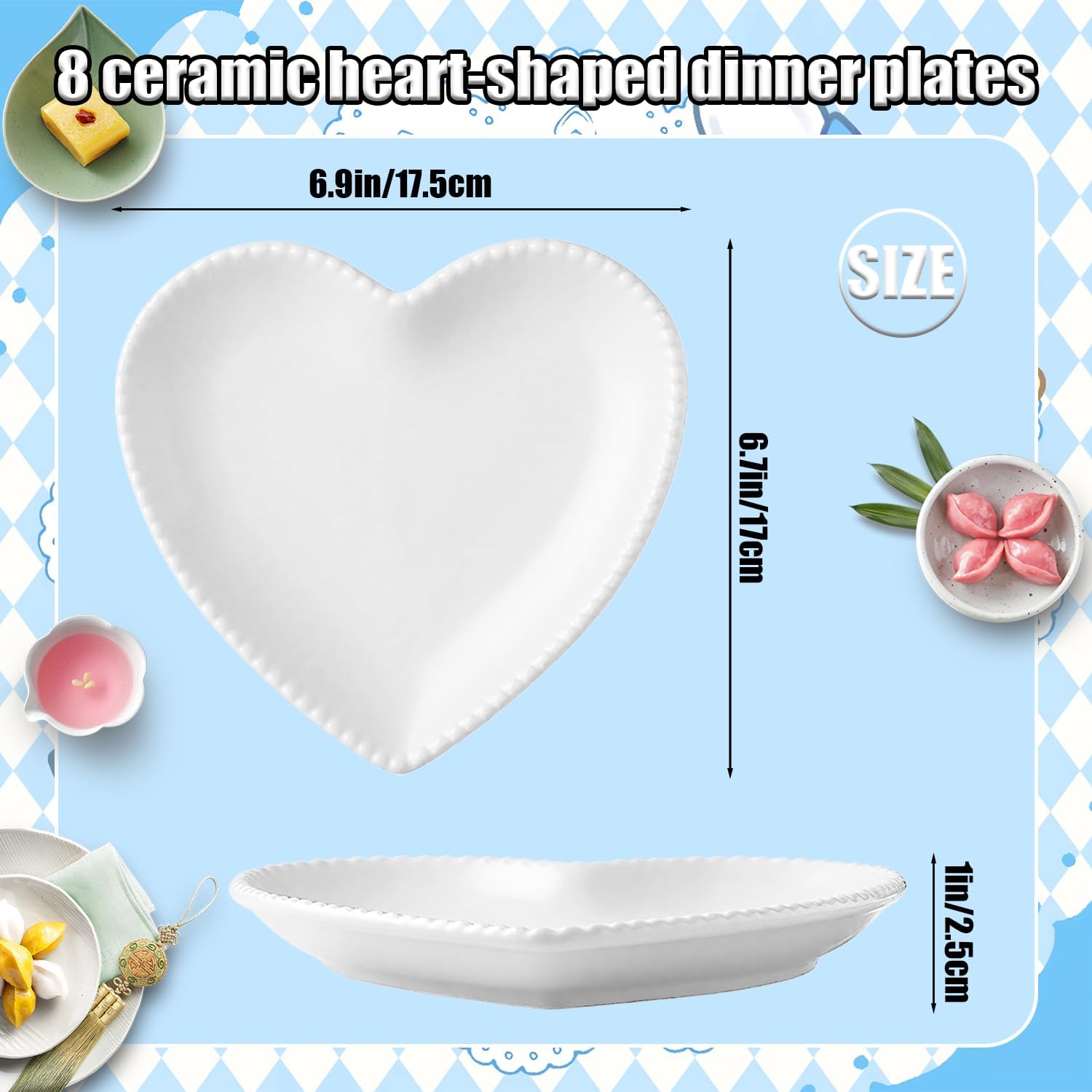 Ceramic Plates, 8 Pack Ceramic Dinner Plates Heart Dishes, Dessert Salad bowls For Appetizer, Steak, Snacks, Microwave & Oven Safe (White)