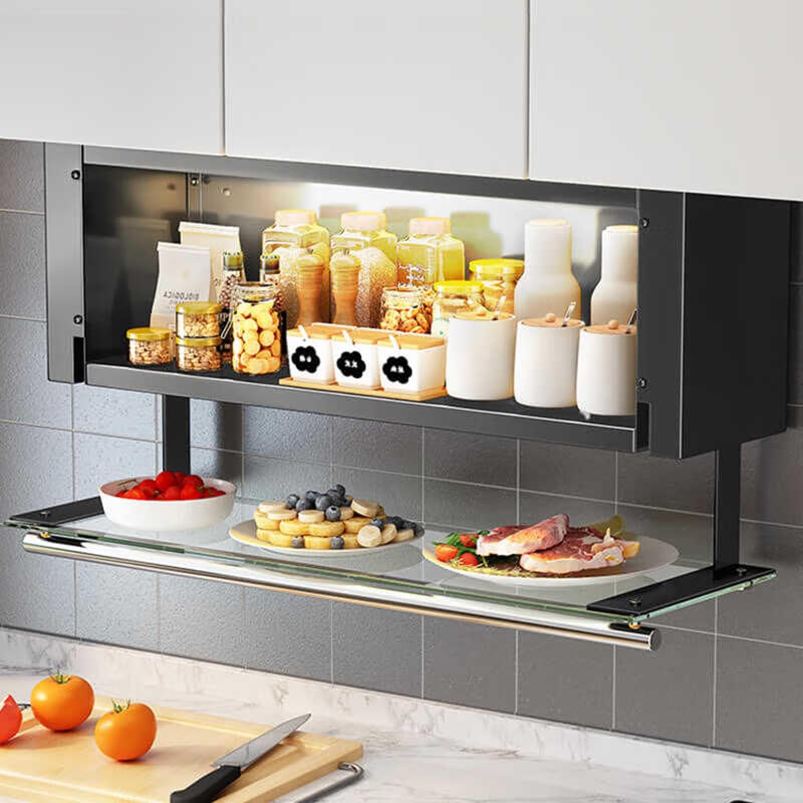 sdneNest Kitchen Organizer Kitchen Organizer Pull Down Cabinet Shelf, 2-Tier Heavy-Duty Pull Down Spice Rack, Clear Glass Door Freely Opening and Closing, Upper Kitchen Wall,Black-80cm/31.5in