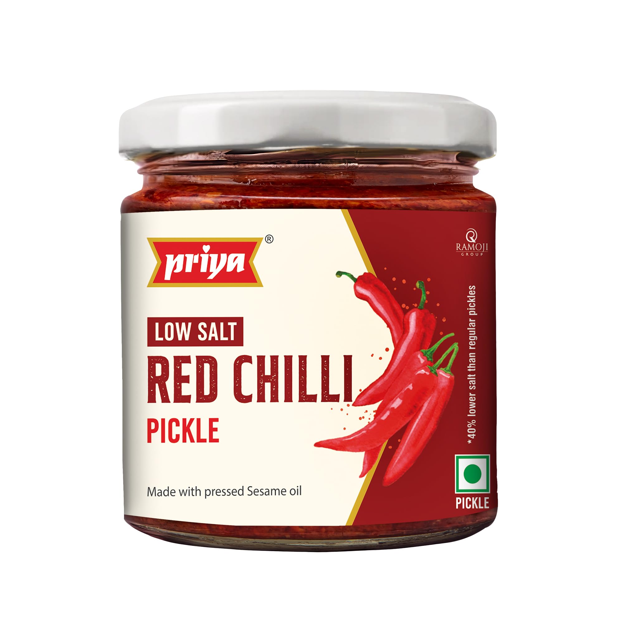 Priya Low Salt Red Chilli Pickle 190g - Homemade Lal Mirch Achar - Traditional South Indian Taste