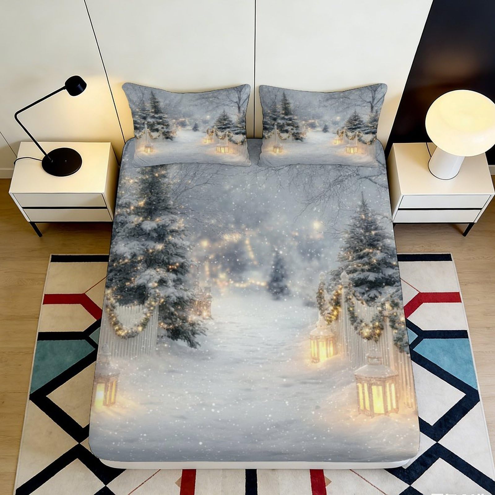 3D Printed Snow Scenery Fitted Sheet Microfiber Deep Pocket Bedroom Non-Slip Snow Scene Mattress Fitted Cover for Adults Teens 140x200x25cm