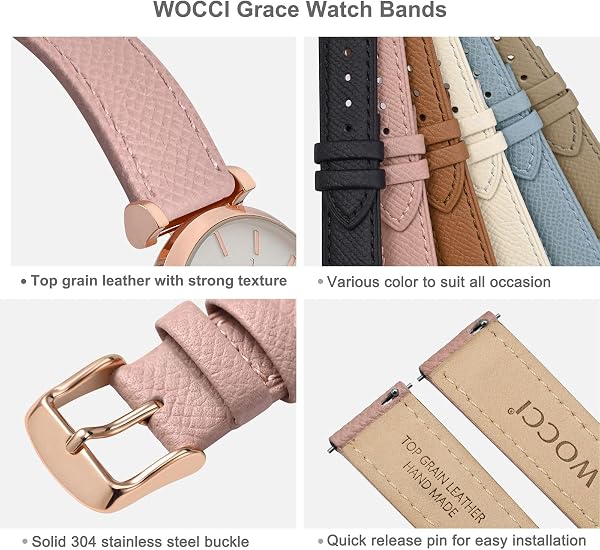 WOCCI Grace Watch Strap, Top Grain Leather, Quick Release Replacement Bands, Stainless Steel Buckle, Band Width 12mm 14mm 16mm 18mm 20mm - 4