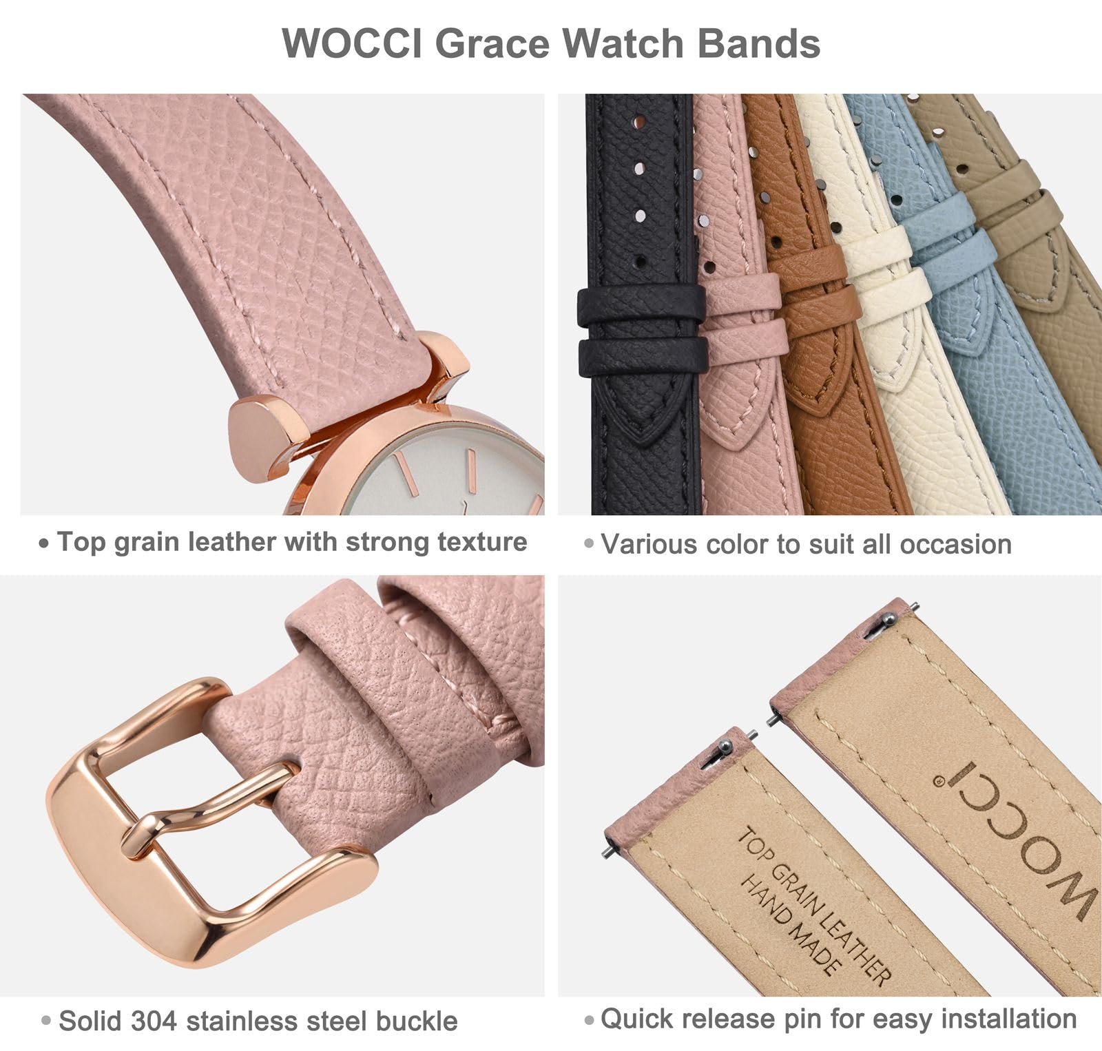 WOCCI Grace Watch Bands, Top Grain Leather, Quick Release Replacement Straps, Stainless Steel Buckle, Band Width 12mm 13mm 14mm 15mm 16mm 18mm 20mm - 5