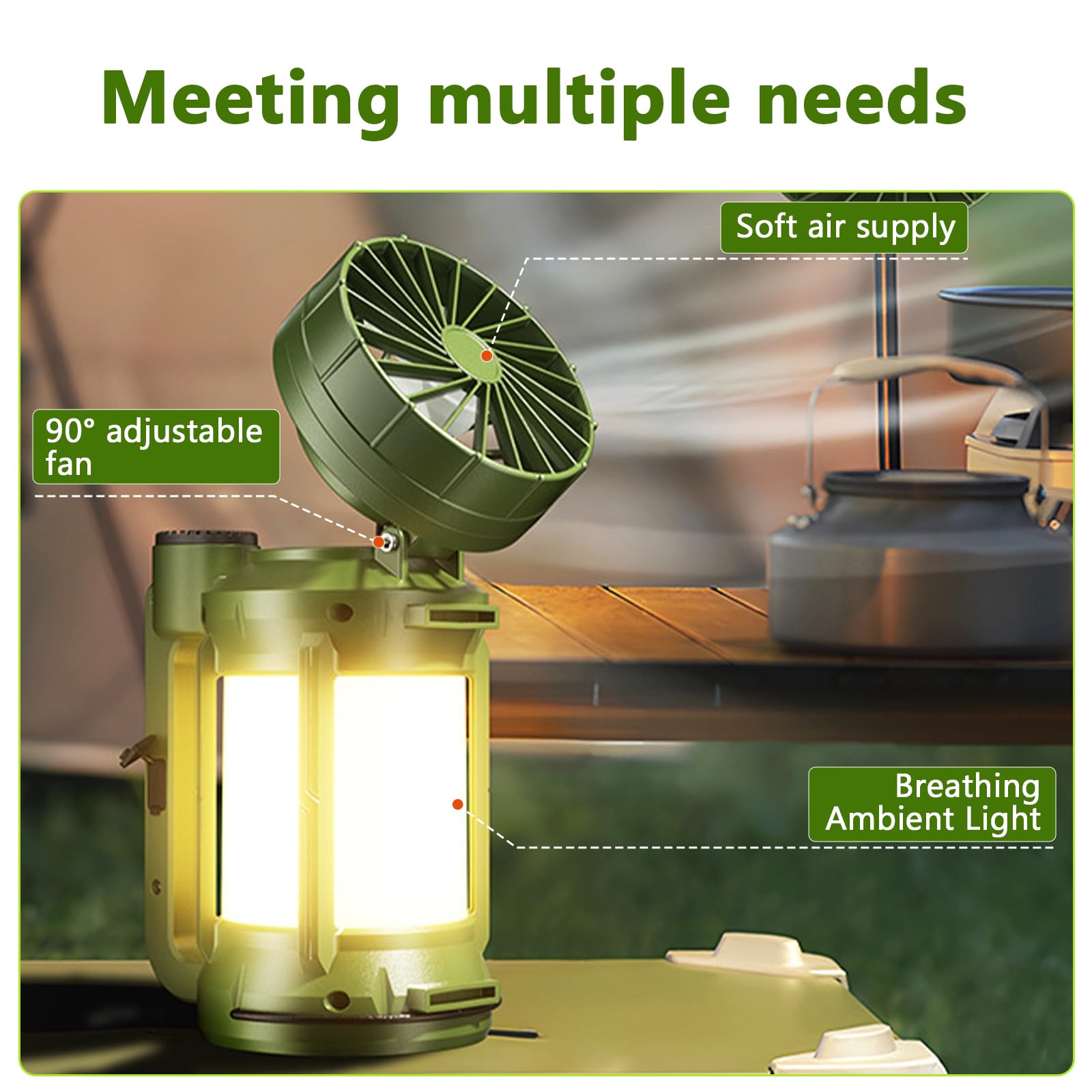 Ventilatore da campeggio solare con luce e caricabatterie per telefono, 20 W, 500 m, lanterna da esterno 3 in 1, ventilatore portatile per tenda, raffreddamento a 3 velocità, 5000 mAh, ricarica solare