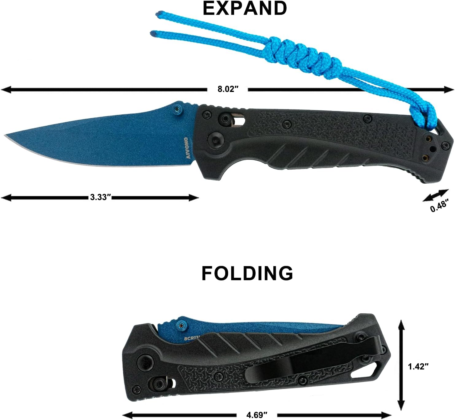 Pocket Knife, 8CR13 Steel Folding Knife, Reversible Deep Carry Clip for EDC, Outdoor, Camping, Hiking