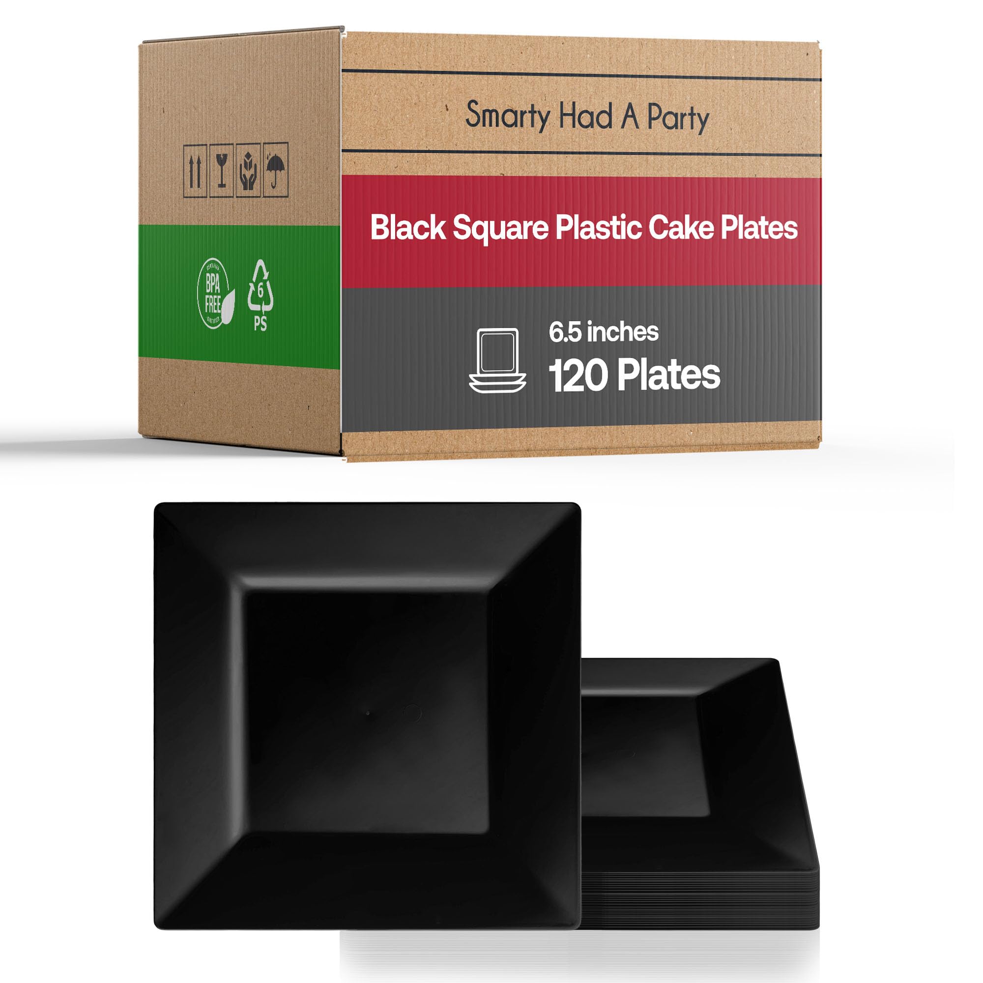 Smarty Had A Party Elegant Disposable Plastic Dessert Plates, 6.5" Heavy Duty Fancy Square Black Salad Plates for Appetizers, Cakes, and Events, Bulk